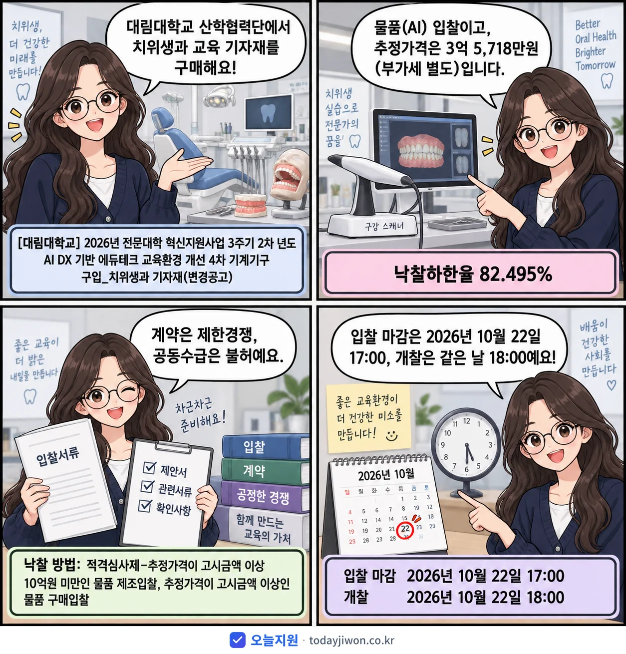 4컷 만화로 보는 공고: 대림대학교 산학협력단 '전문대학 혁신지원사업 3주기 2차 년도 AI DX 기반 에듀테크 교육환…', 추정가격 3억 5,718만원, 입찰 마감 10/22 17:00