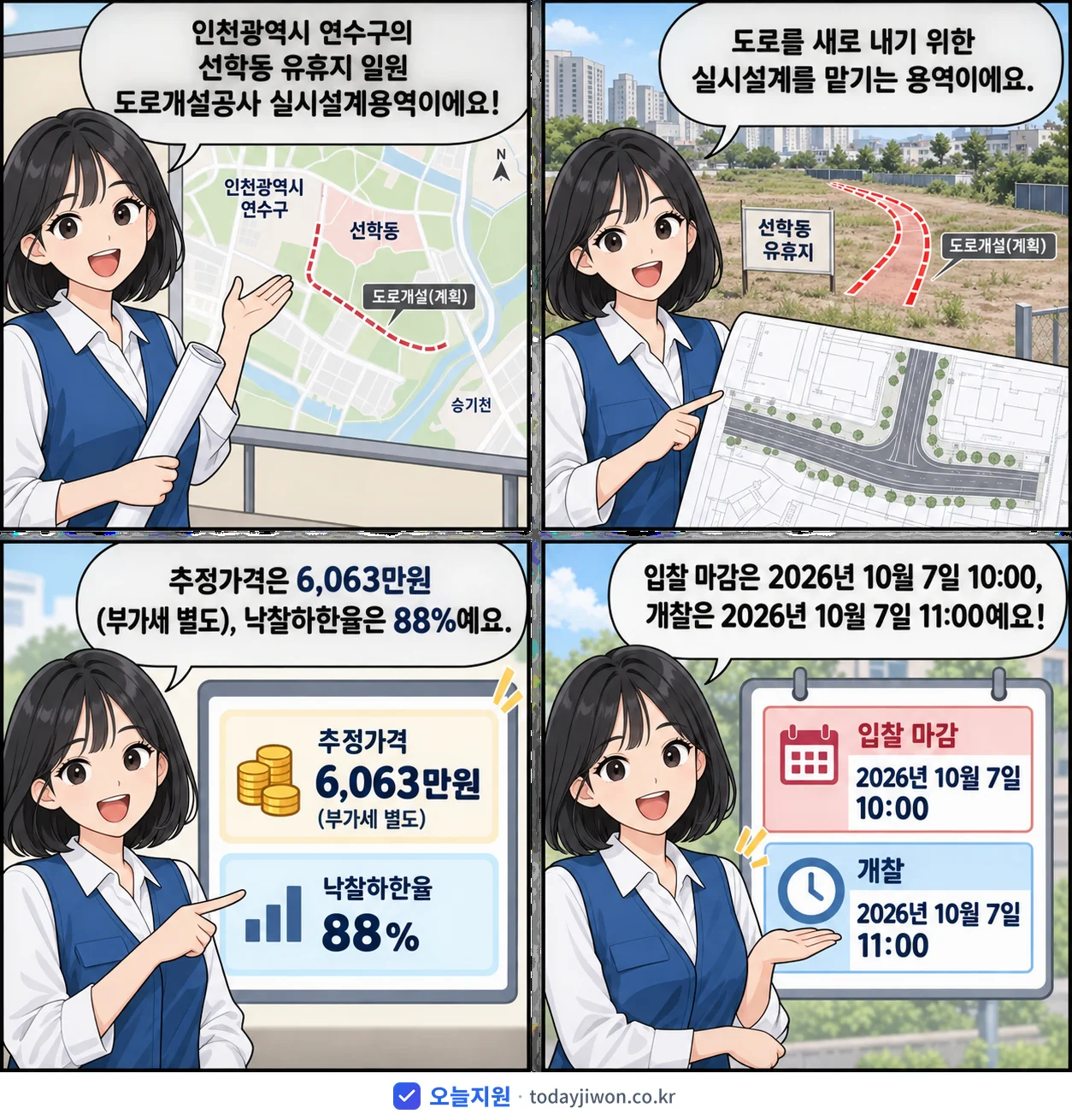 4컷 만화로 보는 공고: 인천광역시 연수구 '선학동 유휴지 일원 도로개설공사 실시설계용역', 추정가격 6,063만원, 입찰 마감 10/7 10:00