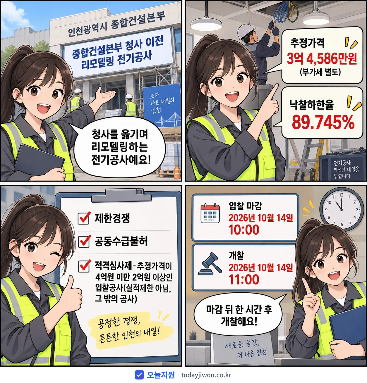 4컷 만화로 보는 공고: 인천광역시 종합건설본부 '종합건설본부 청사 이전 리모델링 전기공사', 추정가격 3억 4,586만원, 입찰 마감 10/14 10:00