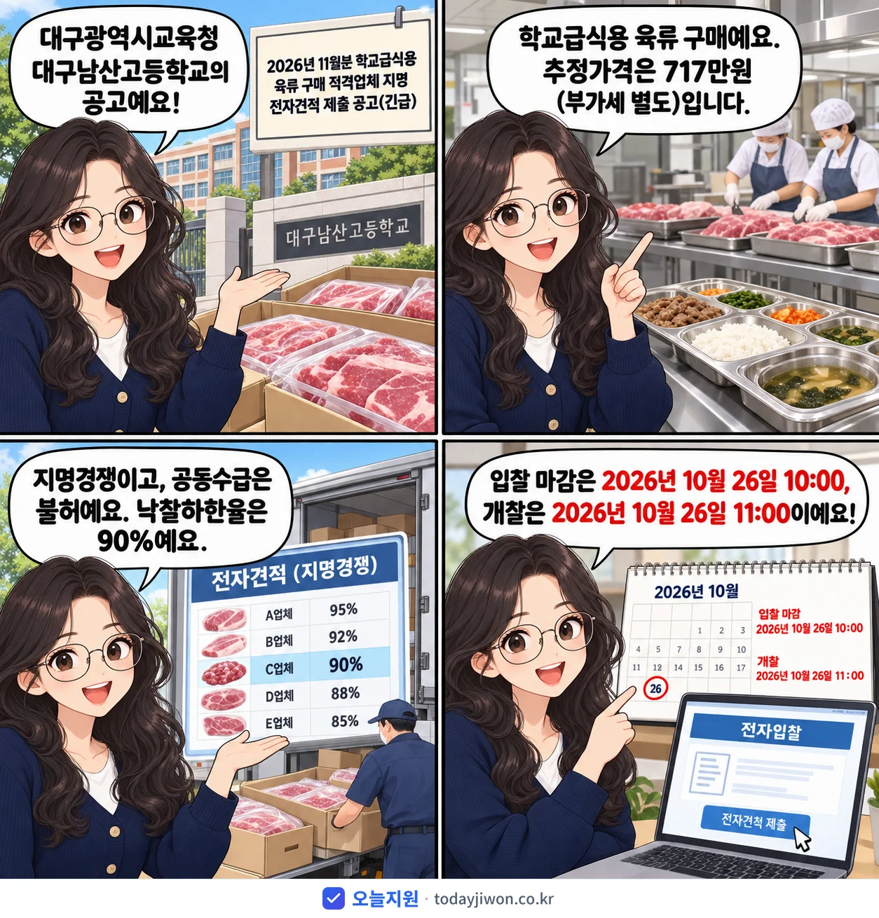 4컷 만화로 보는 공고: 대구광역시교육청 대구남산고등학교 '11월분 학교급식용 육류 구매 적격업체 지명 전자견적 제출 공고', 추정가격 717만원, 입찰 마감 10/26 10:00