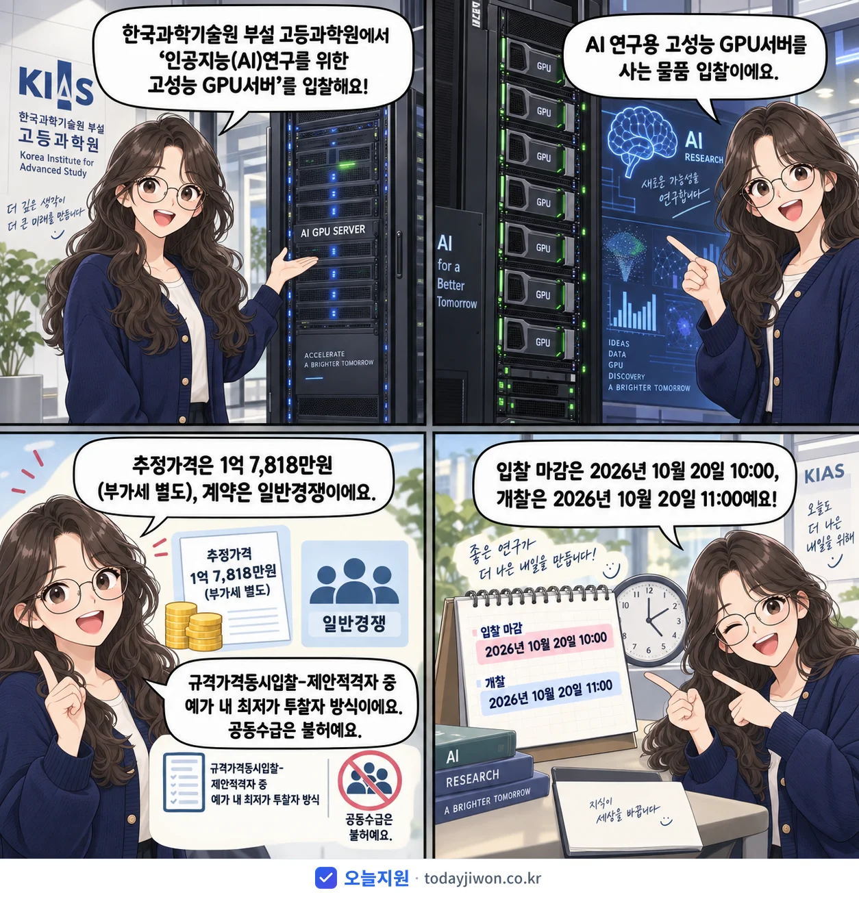 4컷 만화로 보는 공고: 한국과학기술원 부설 고등과학원 '인공지능(AI)연구를 위한 고성능 GPU서버', 추정가격 1억 7,818만원, 입찰 마감 10/20 10:00