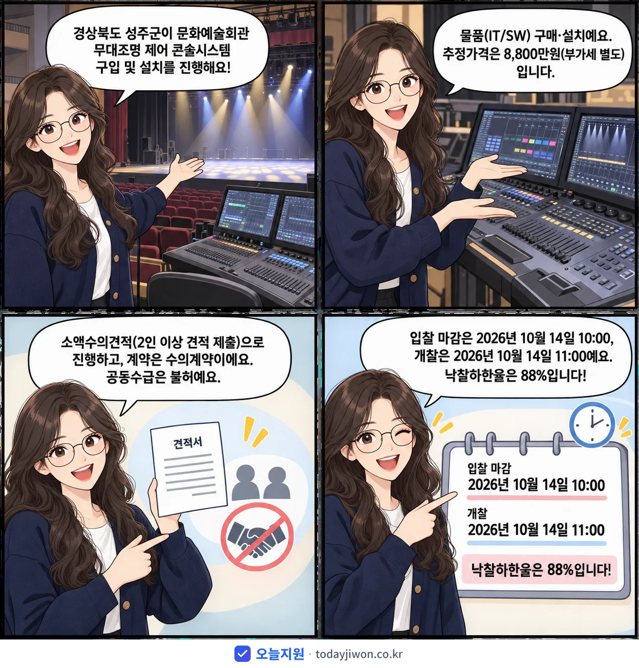4컷 만화로 보는 공고: 경상북도 성주군 '문화예술회관 무대조명 제어 콘솔시스템 구입 및 설치', 추정가격 8,800만원, 입찰 마감 10/14 10:00