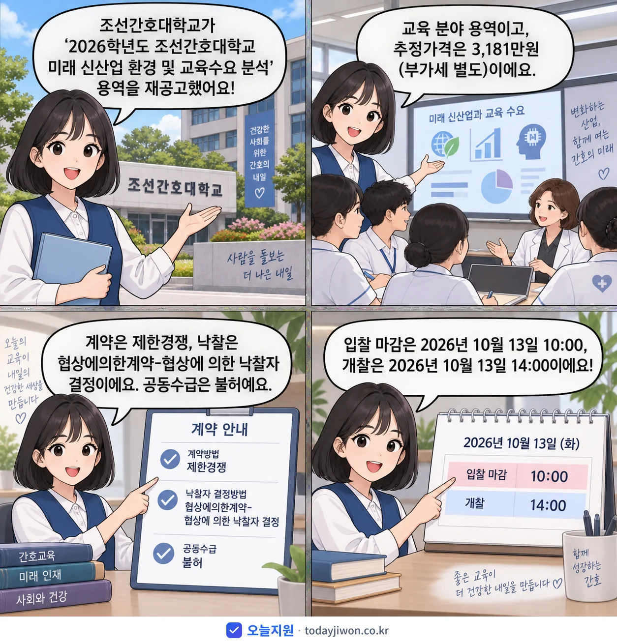 4컷 만화로 보는 공고: 조선간호대학교 '학년도 조선간호대학교 미래 신산업 환경 및 교육수요 분석', 추정가격 3,181만원, 입찰 마감 10/13 10:00