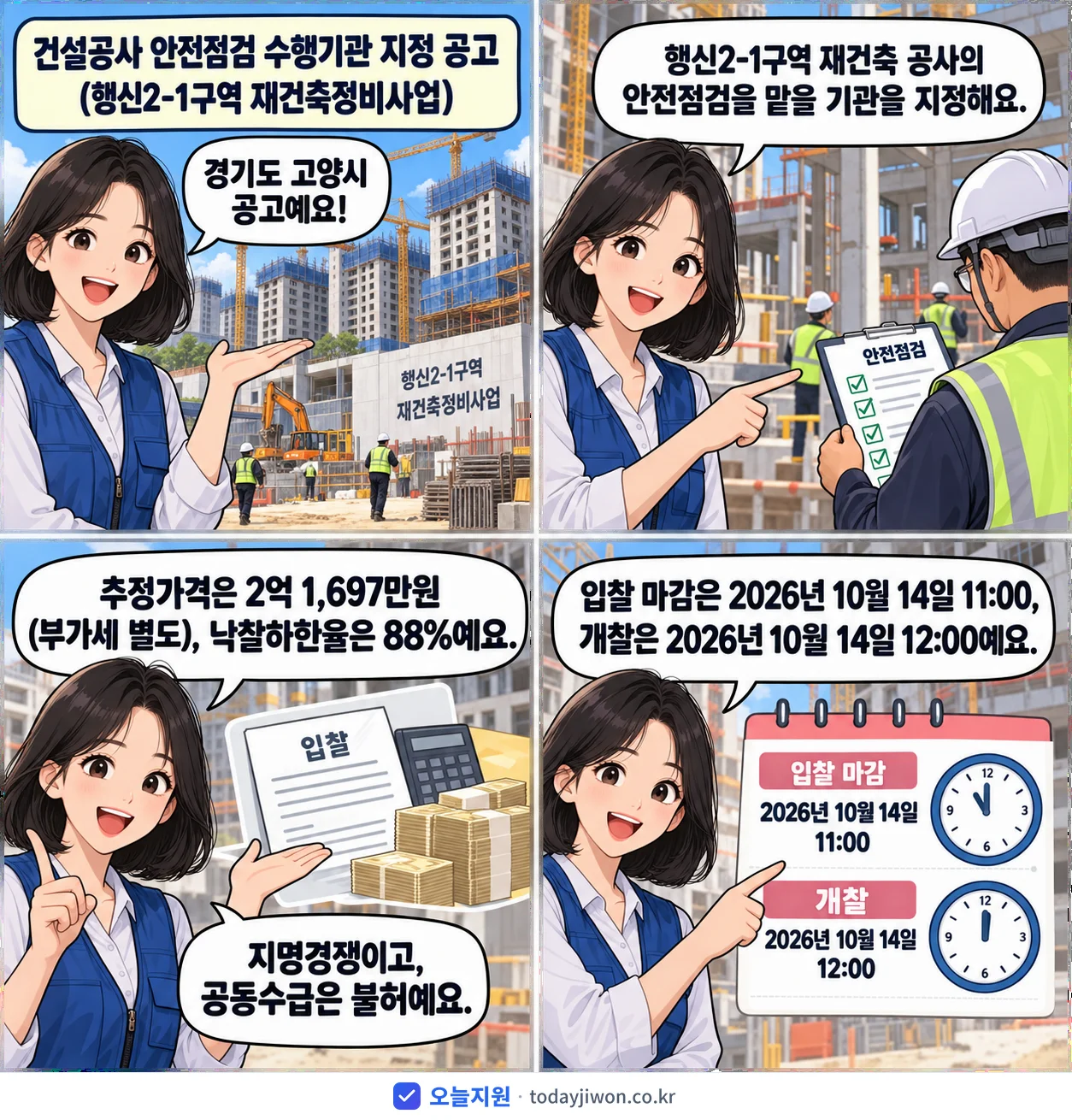 4컷 만화로 보는 공고: 경기도 고양시 '건설공사 안전점검 수행기관 지정 공고(행신2-1구역 재건축정비사업)', 추정가격 2억 1,697만원, 입찰 마감 10/14 11:00