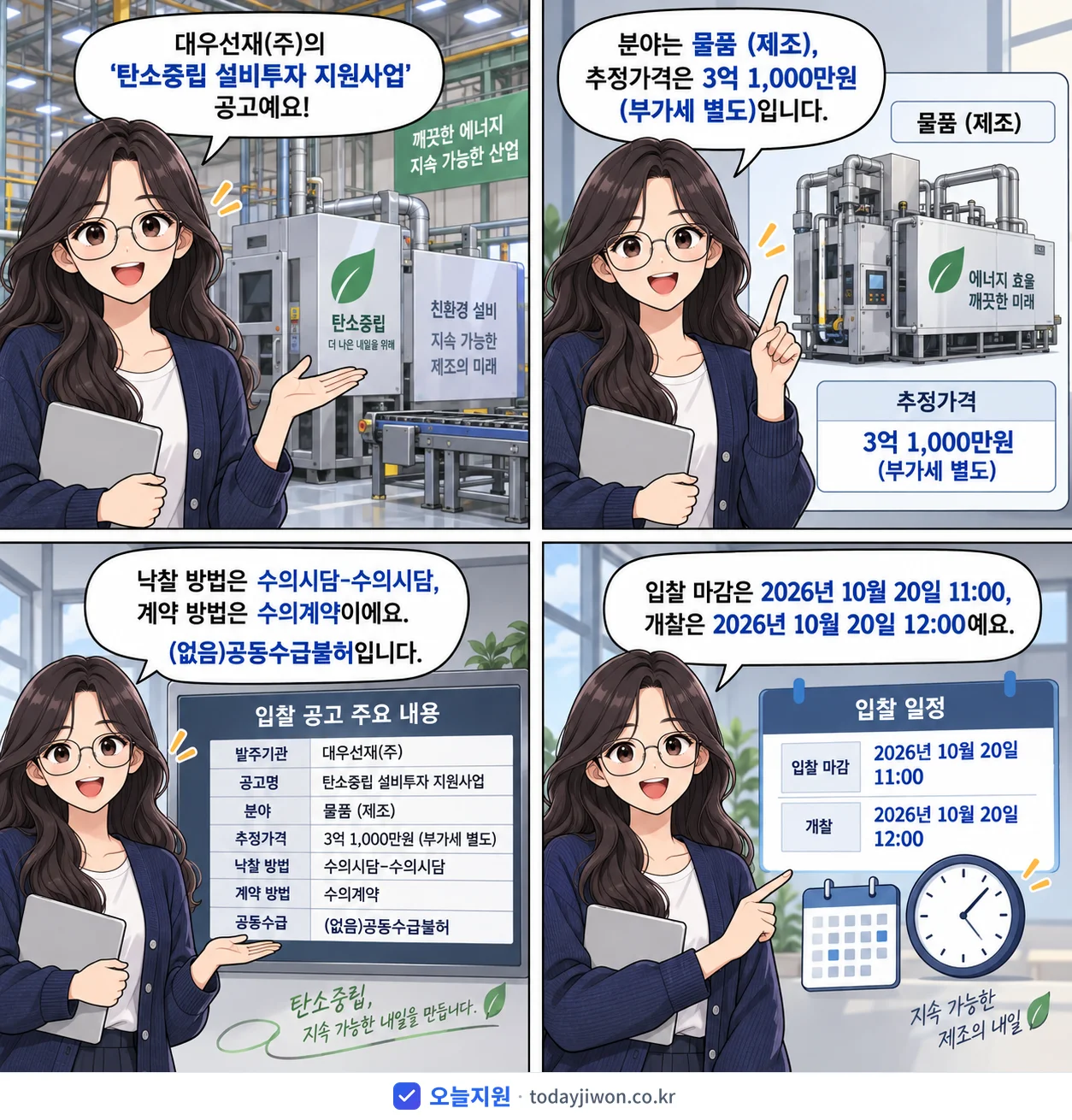 4컷 만화로 보는 공고: 대우선재(주) '탄소중립 설비투자 지원사업', 추정가격 3억 1,000만원, 입찰 마감 10/20 11:00