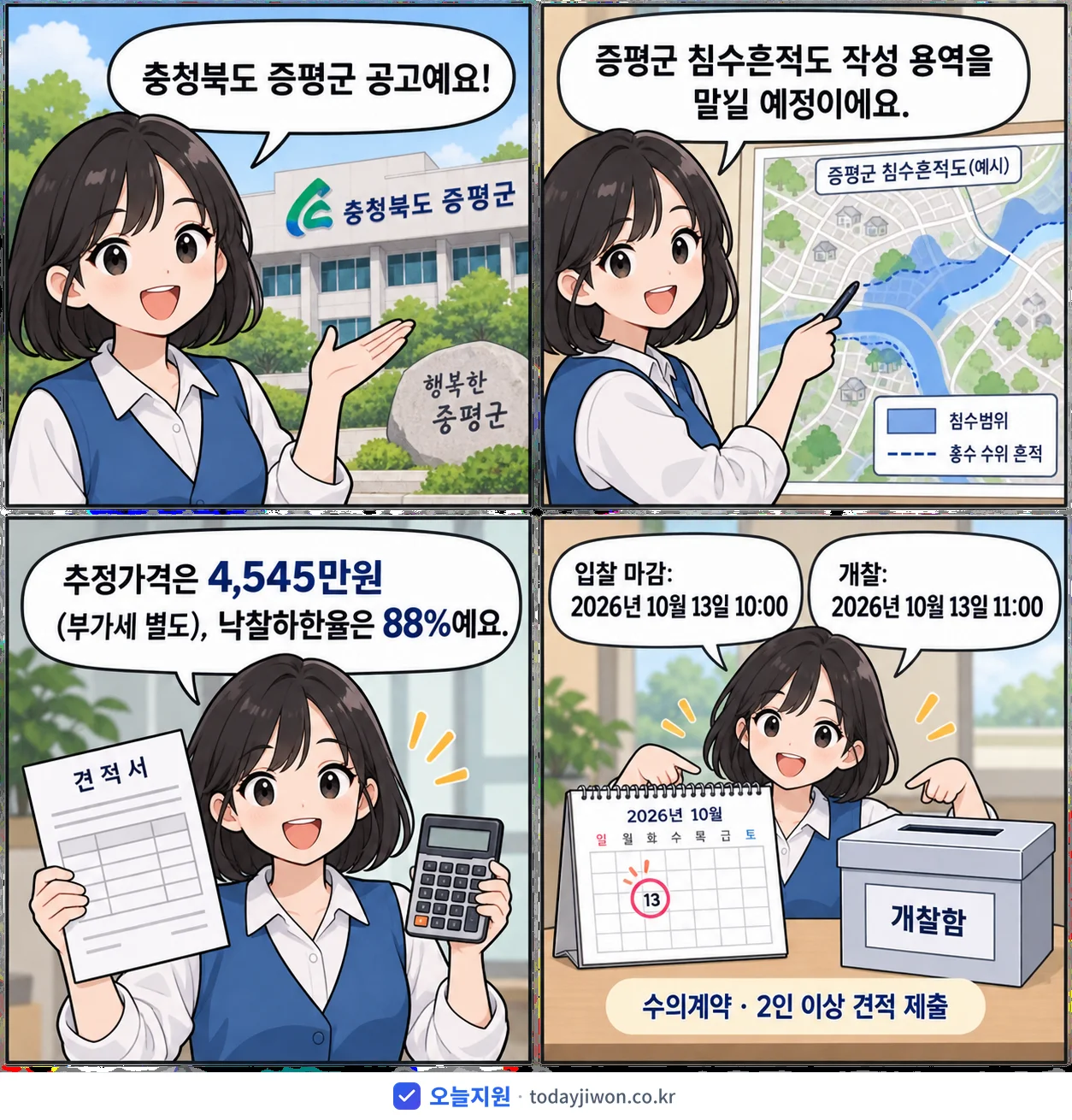 4컷 만화로 보는 공고: 충청북도 증평군 '증평군 침수흔적도 작성 용역', 추정가격 4,545만원, 입찰 마감 10/13 10:00