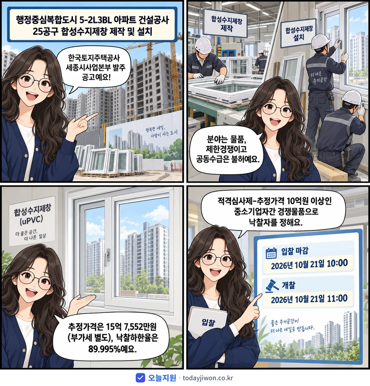 4컷 만화로 보는 공고: 한국토지주택공사 세종시사업본부 '행정중심복합도시 5-2L3BL 아파트 건설공사 25공구 합성수지제창 제…', 추정가격 15억 7,552만원, 입찰 마감 10/21 10:00