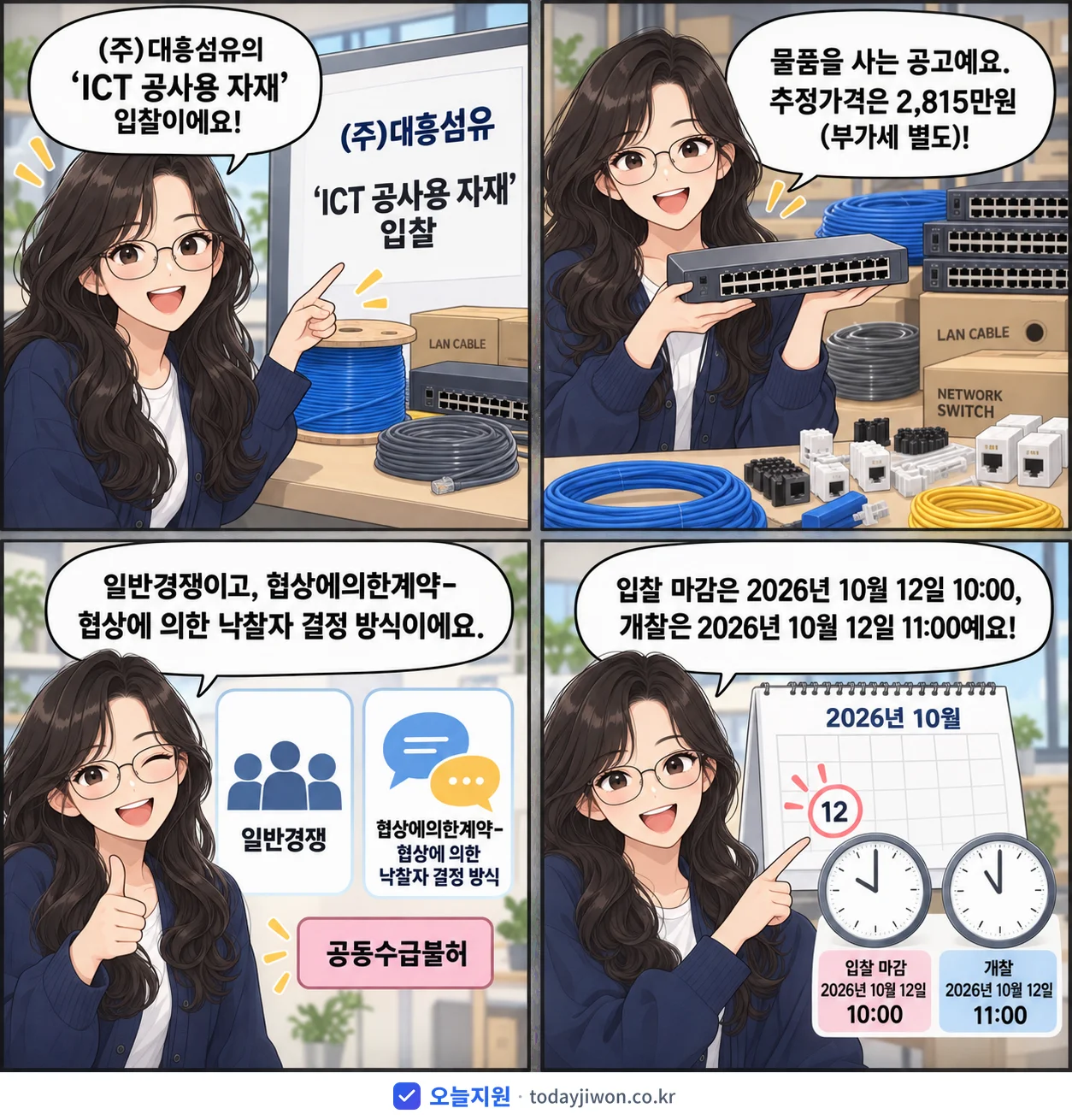 4컷 만화로 보는 공고: (주)대흥섬유 'ICT 공사용 자재', 추정가격 2,815만원, 입찰 마감 10/12 10:00
