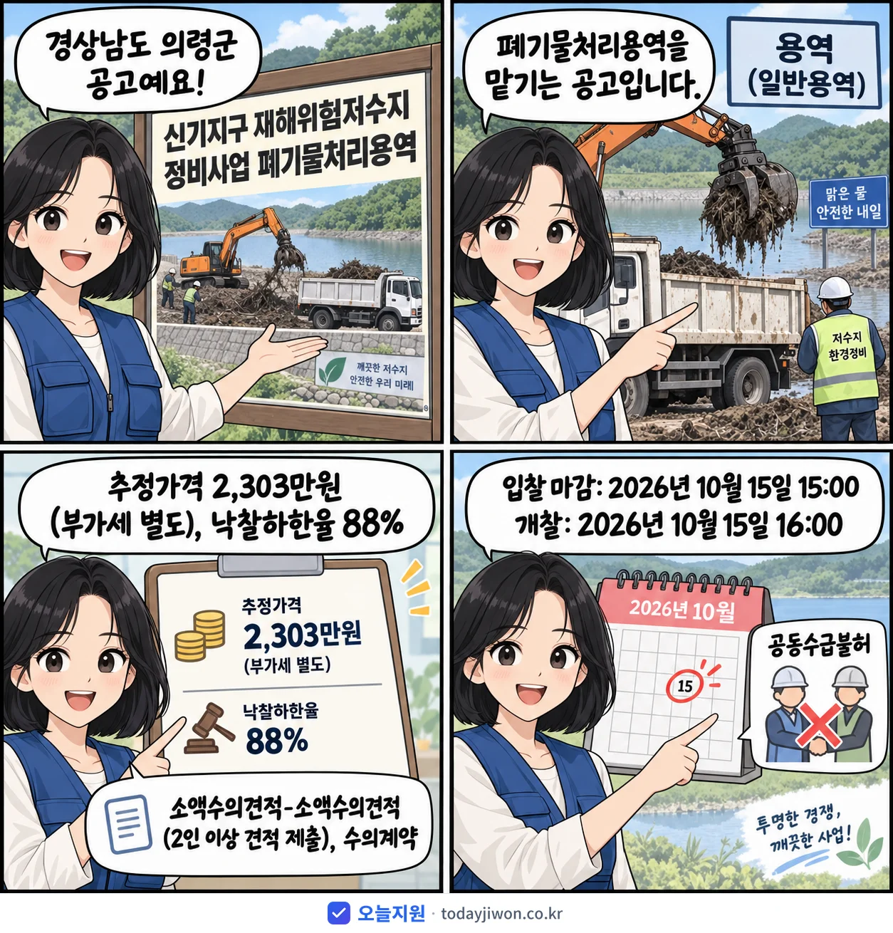 4컷 만화로 보는 공고: 경상남도 의령군 '신기지구 재해위험저수지 정비사업 폐기물처리용역', 추정가격 2,303만원, 입찰 마감 10/15 15:00