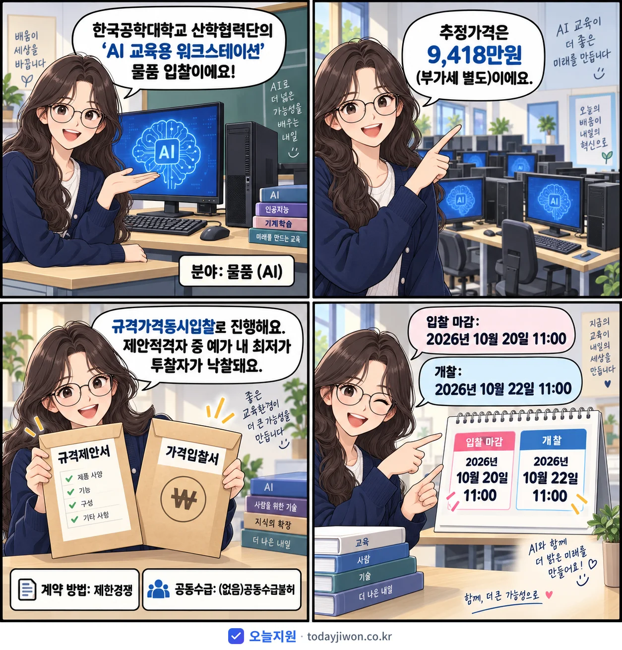 4컷 만화로 보는 공고: 한국공학대학교 산학협력단 'AI 교육용 워크스테이션', 추정가격 9,418만원, 입찰 마감 10/20 11:00