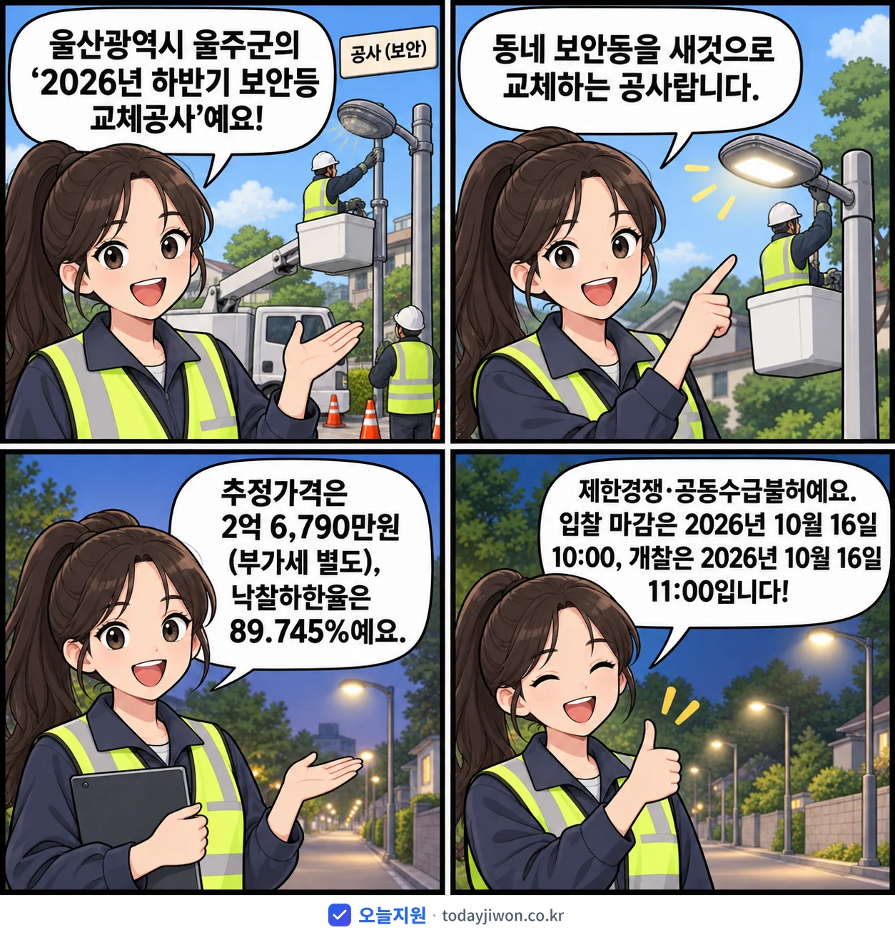 4컷 만화로 보는 공고: 울산광역시 울주군 '하반기 보안등 교체공사', 추정가격 2억 6,790만원, 입찰 마감 10/16 10:00