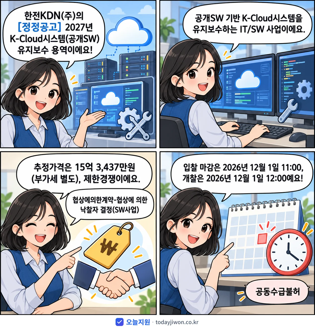 4컷 만화로 보는 공고: 한전KDN(주) 'K-Cloud시스템(공개SW) 유지보수', 추정가격 15억 3,437만원, 입찰 마감 12/1 11:00