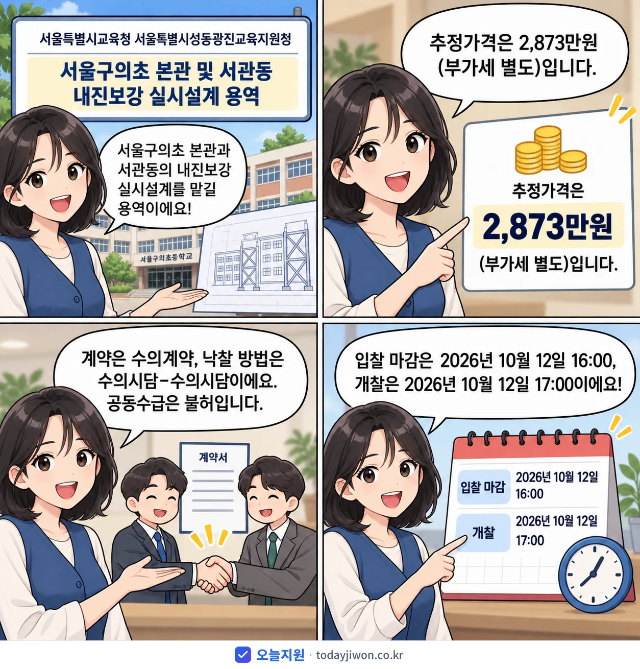 4컷 만화로 보는 공고: 서울특별시교육청 서울특별시성동광진교육지원청 '서울구의초 본관 및 서관동 내진보강 실시설계 용역', 추정가격 2,873만원, 입찰 마감 10/12 16:00