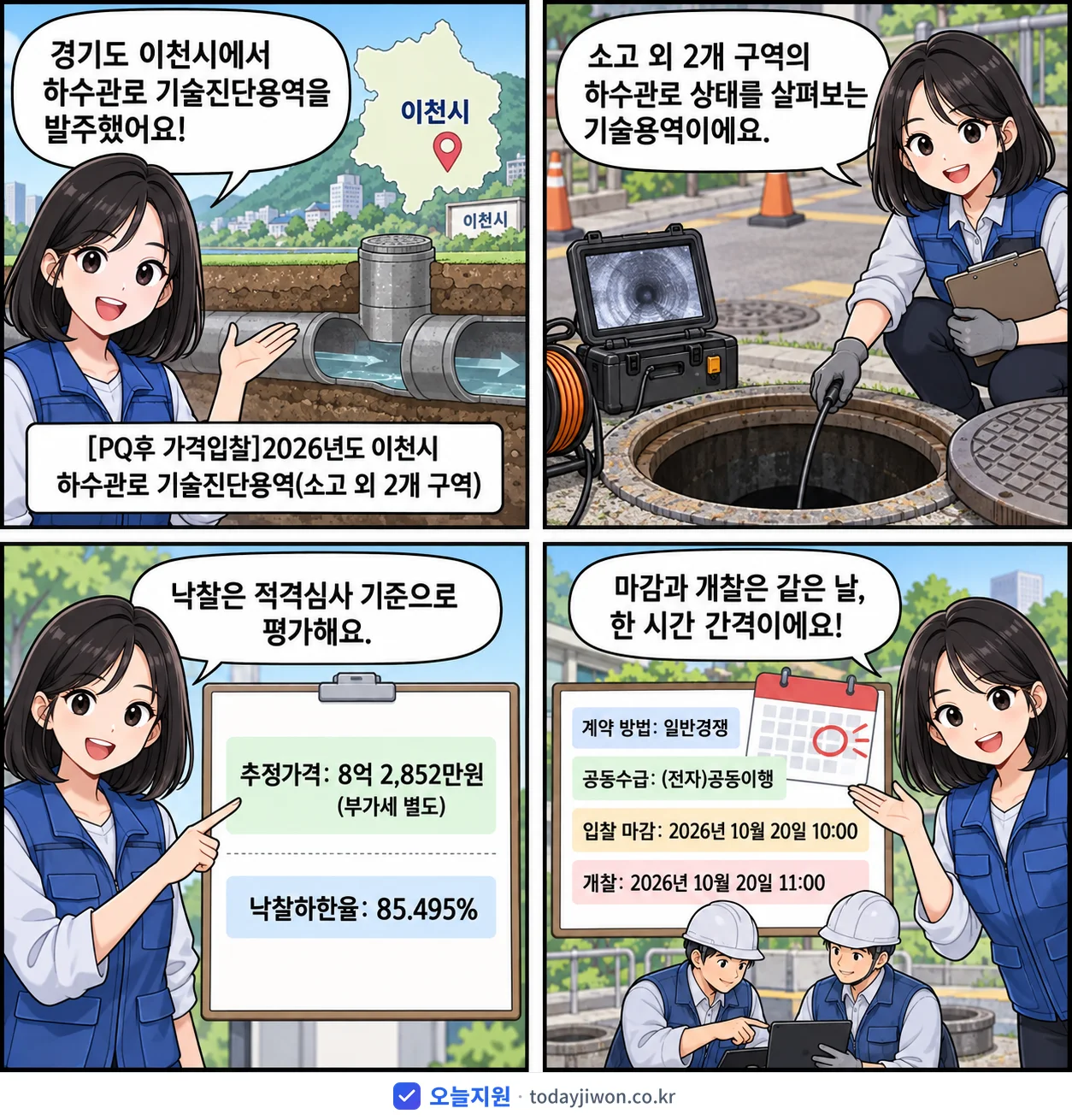 4컷 만화로 보는 공고: 경기도 이천시 '이천시 하수관로 기술진단용역(소고 외 2개 구역)', 추정가격 8억 2,852만원, 입찰 마감 10/20 10:00