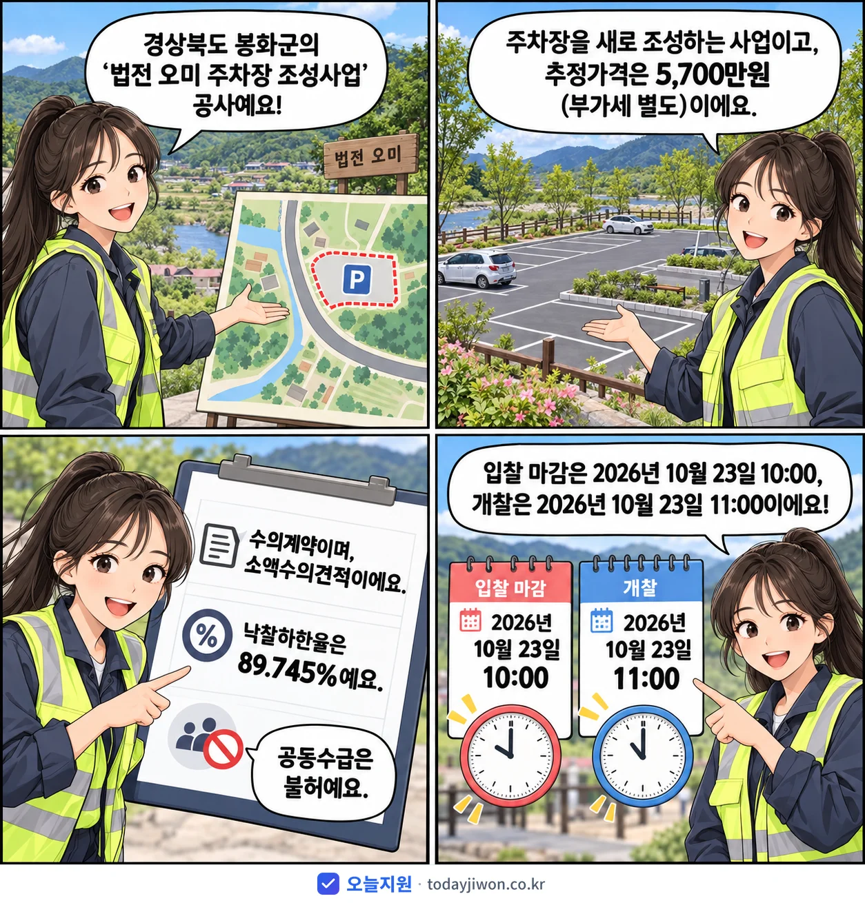 4컷 만화로 보는 공고: 경상북도 봉화군 '법전 오미 주차장 조성사업', 추정가격 5,700만원, 입찰 마감 10/23 10:00