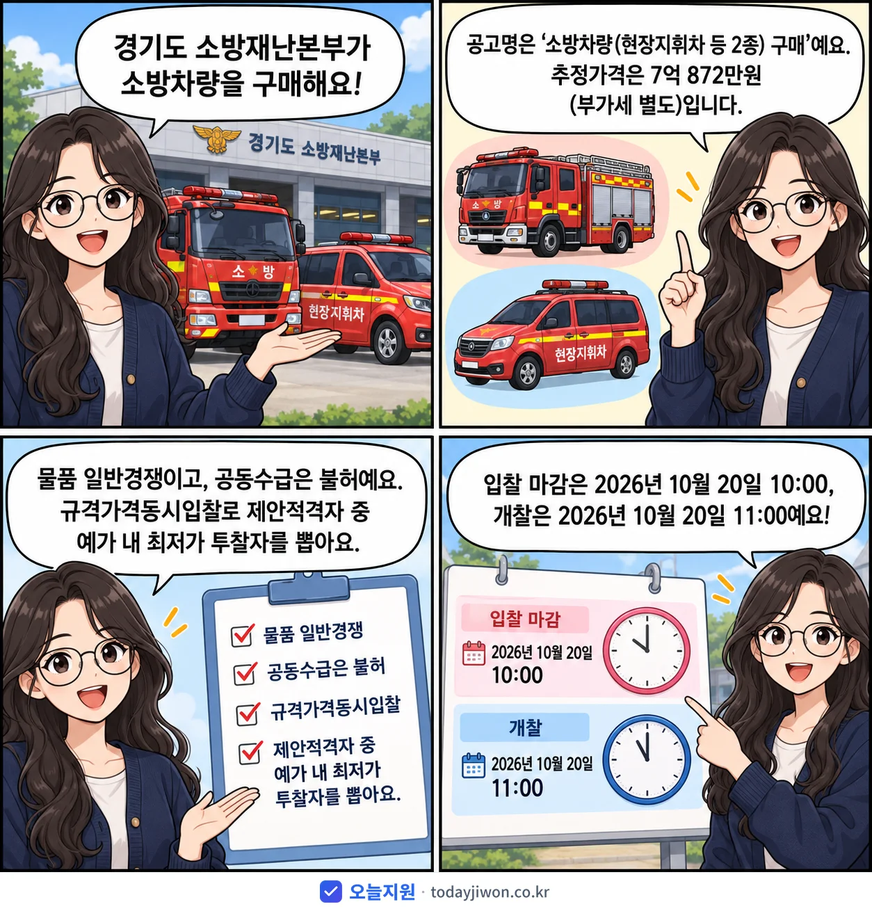 4컷 만화로 보는 공고: 경기도 소방재난본부 '소방차량(현장지휘차 등 2종) 구매', 추정가격 7억 872만원, 입찰 마감 10/20 10:00