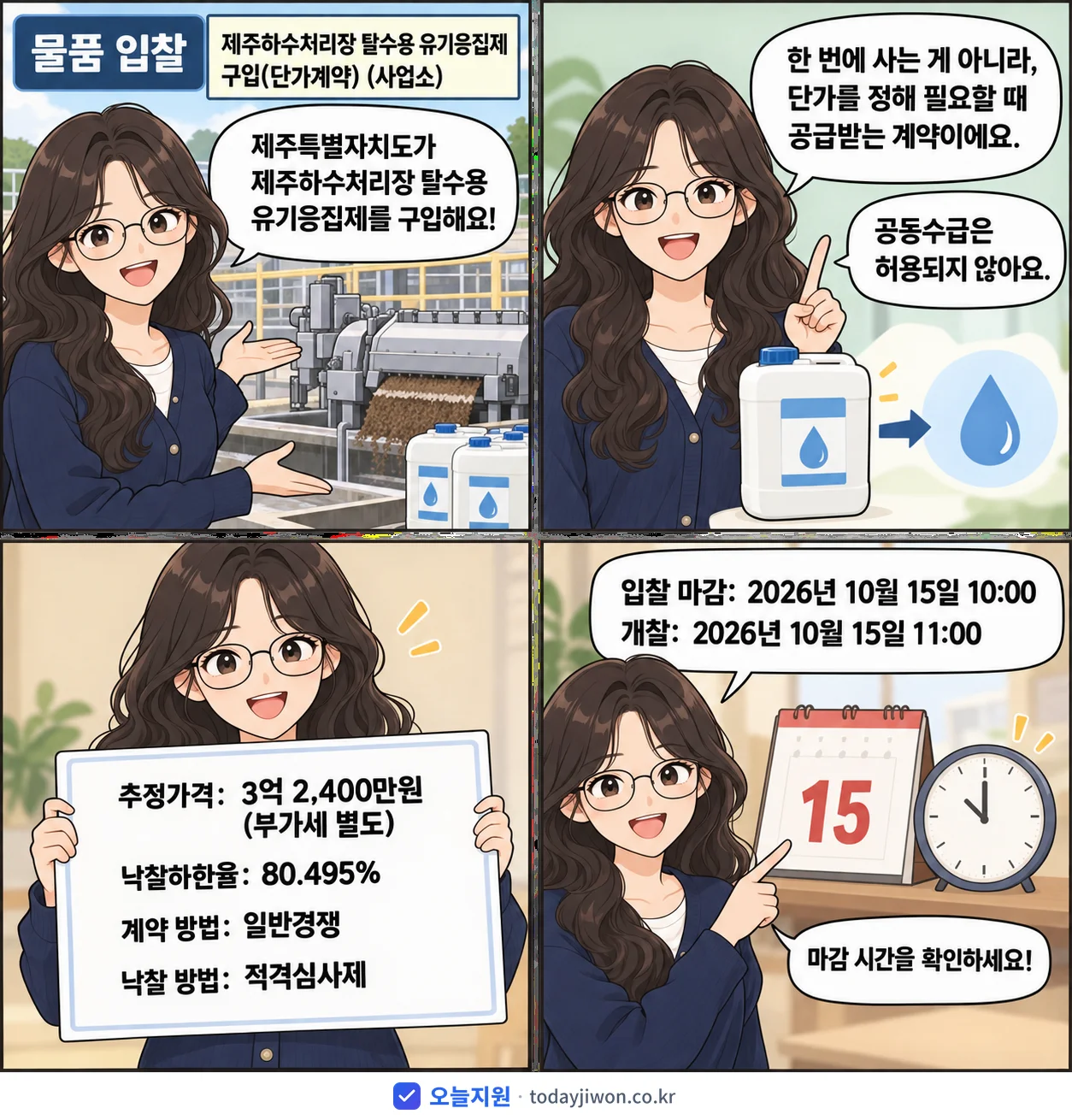 4컷 만화로 보는 공고: 제주특별자치도 '제주하수처리장 탈수용 유기응집제 구입 (사업소)', 추정가격 3억 2,400만원, 입찰 마감 10/15 10:00