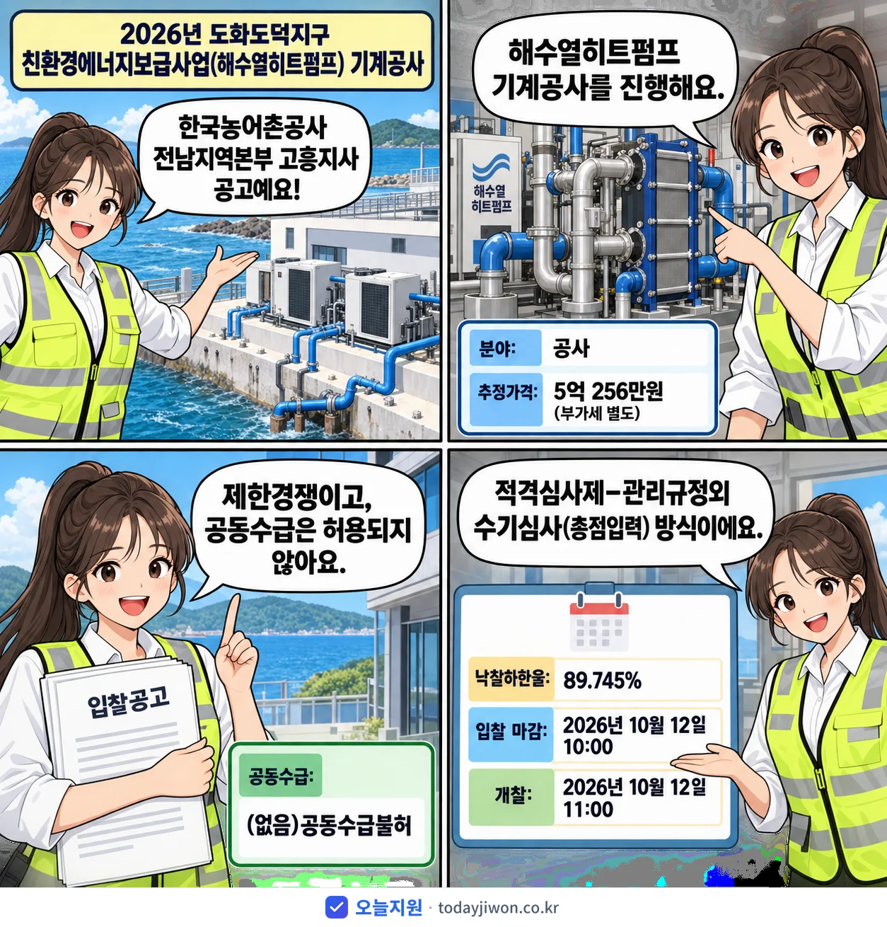 4컷 만화로 보는 공고: 한국농어촌공사 전남지역본부 고흥지사 '도화도덕지구 친환경에너지보급사업(해수열히트펌프) 기계공사', 추정가격 5억 256만원, 입찰 마감 10/12 10:00