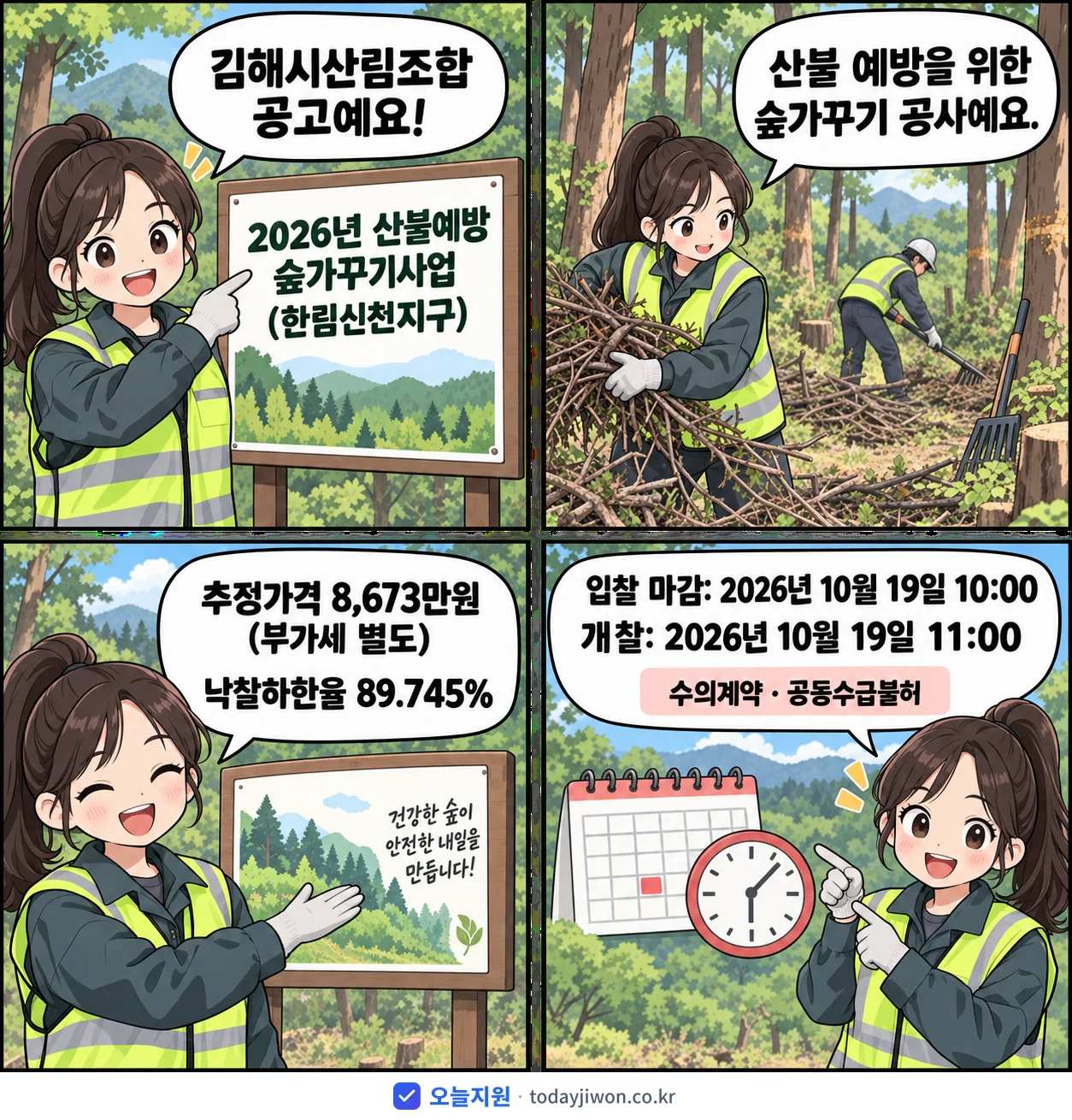 4컷 만화로 보는 공고: 김해시산림조합 '산불예방 숲가꾸기사업(한림신천지구)', 추정가격 8,673만원, 입찰 마감 10/19 10:00