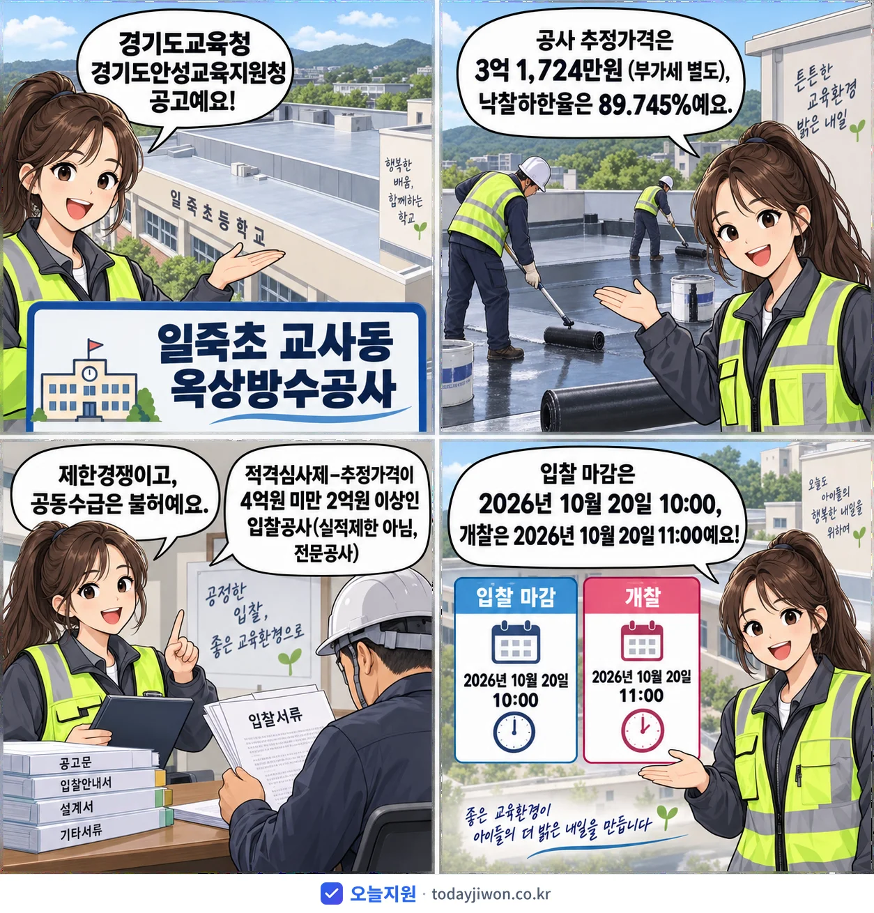 4컷 만화로 보는 공고: 경기도교육청 경기도안성교육지원청 '일죽초 교사동 옥상방수공사', 추정가격 3억 1,724만원, 입찰 마감 10/20 10:00