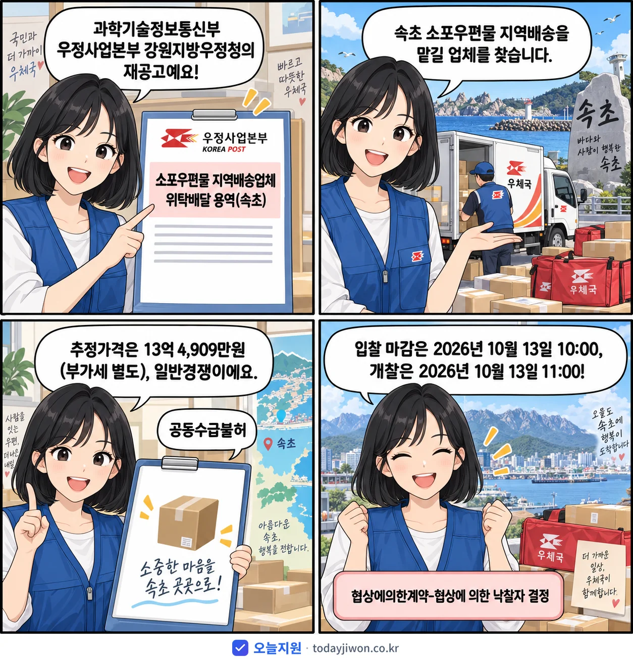 4컷 만화로 보는 공고: 과학기술정보통신부 우정사업본부 강원지방우정청 '소포우편물 지역배송업체 위탁배달 용역(속초)', 추정가격 13억 4,909만원, 입찰 마감 10/13 10:00
