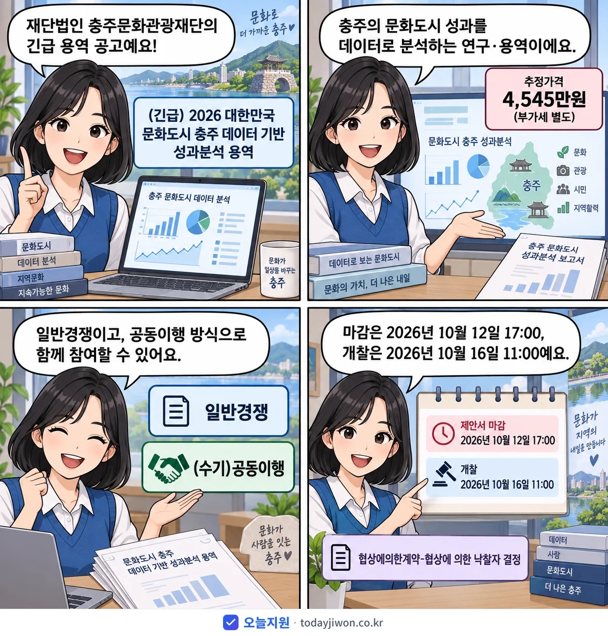 4컷 만화로 보는 공고: 재단법인 충주문화관광재단 '대한민국 문화도시 충주 데이터 기반 성과분석 용역', 추정가격 4,545만원, 입찰 마감 10/12 17:00