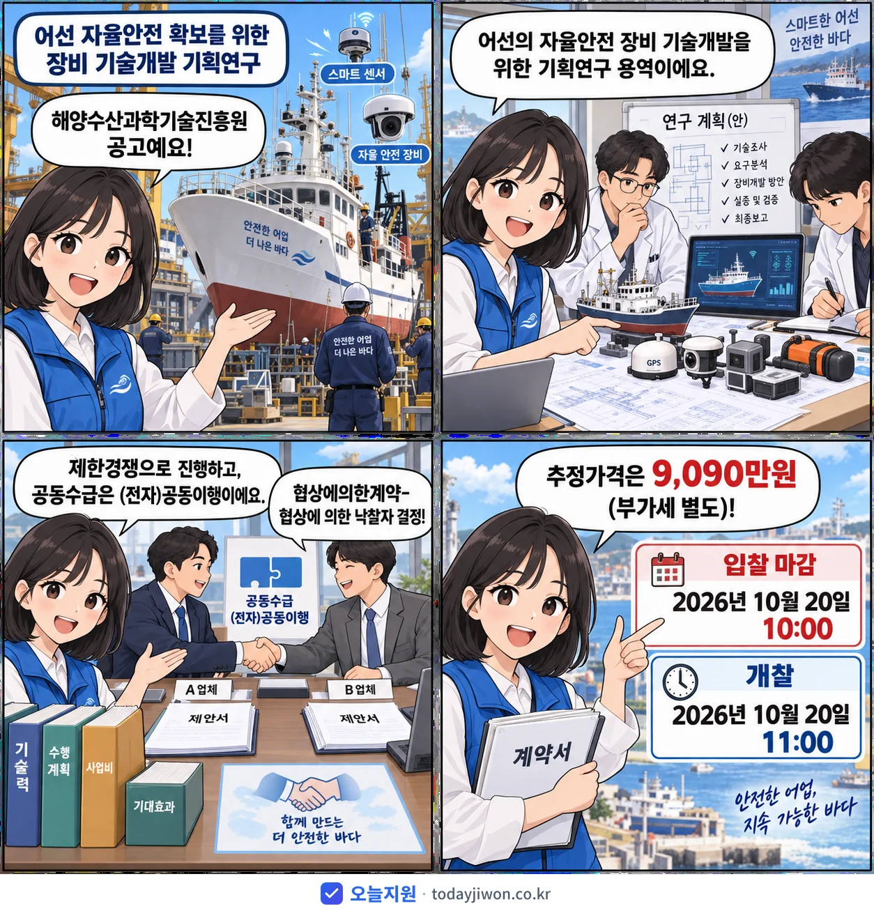 4컷 만화로 보는 공고: 해양수산과학기술진흥원 '어선 자율안전 확보를 위한 장비 기술개발 기획연구', 추정가격 9,090만원, 입찰 마감 10/20 10:00