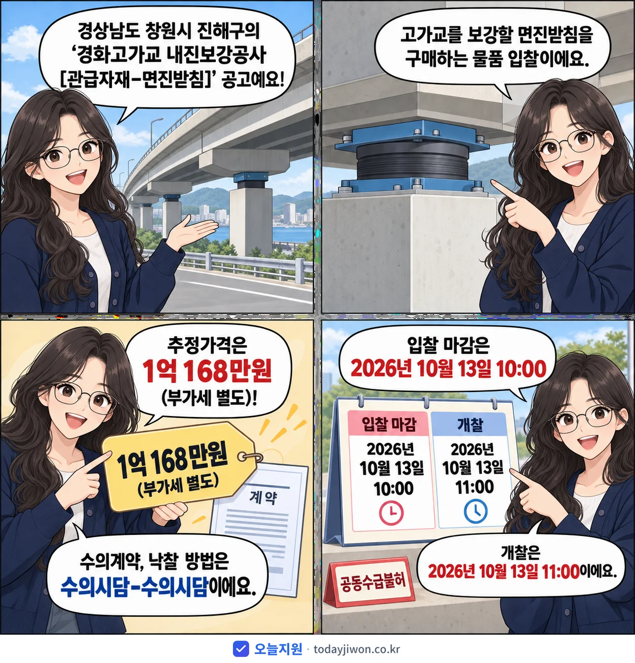 4컷 만화로 보는 공고: 경상남도 창원시 진해구 '경화고가교 내진보강공사', 추정가격 1억 168만원, 입찰 마감 10/13 10:00