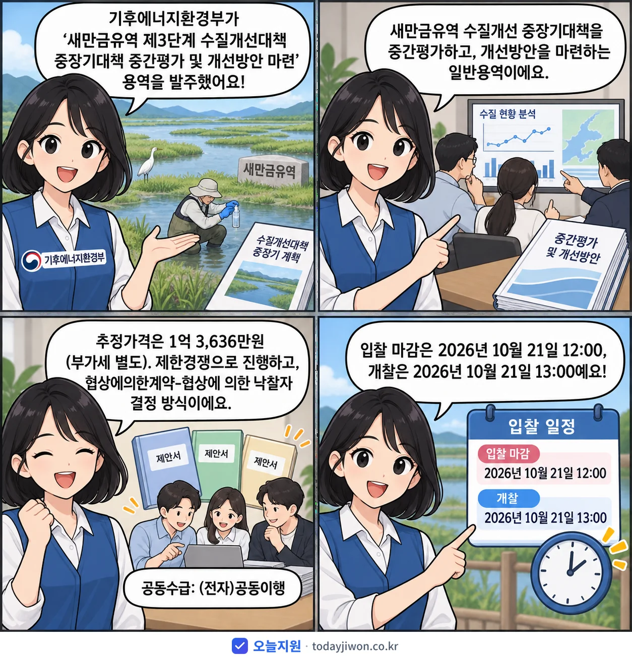 4컷 만화로 보는 공고: 기후에너지환경부 '새만금유역 제3단계 수질개선대책 중장기대책 중간평가 및 개선방안 마련', 추정가격 1억 3,636만원, 입찰 마감 10/21 12:00