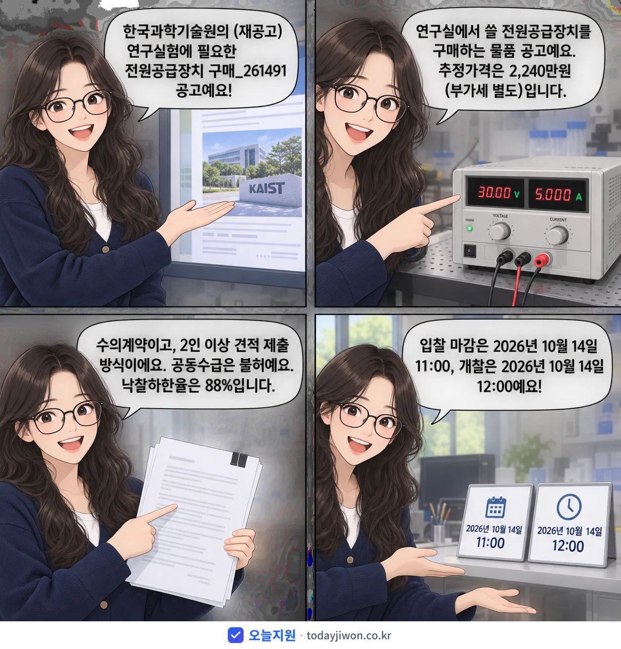 4컷 만화로 보는 공고: 한국과학기술원 '연구실험에 필요한 전원공급장치 구매_261491', 추정가격 2,240만원, 입찰 마감 10/14 11:00