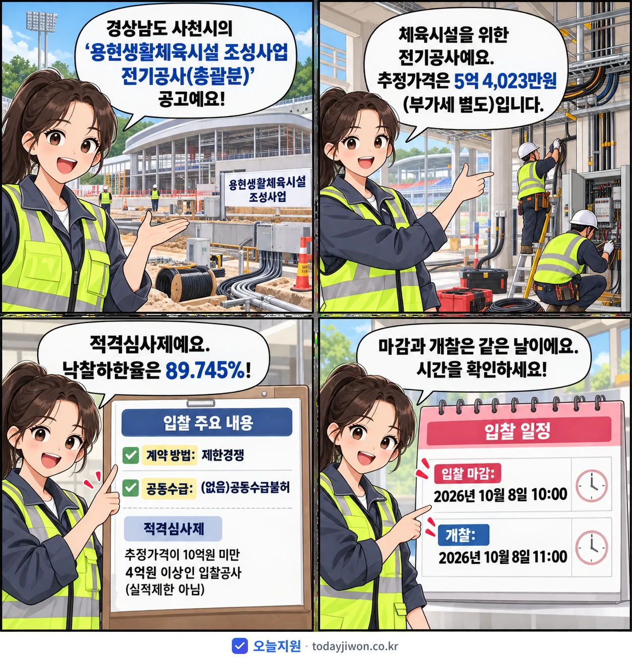 4컷 만화로 보는 공고: 경상남도 사천시 '용현생활체육시설 조성사업 전기공사(총괄분)', 추정가격 5억 4,023만원, 입찰 마감 10/8 10:00