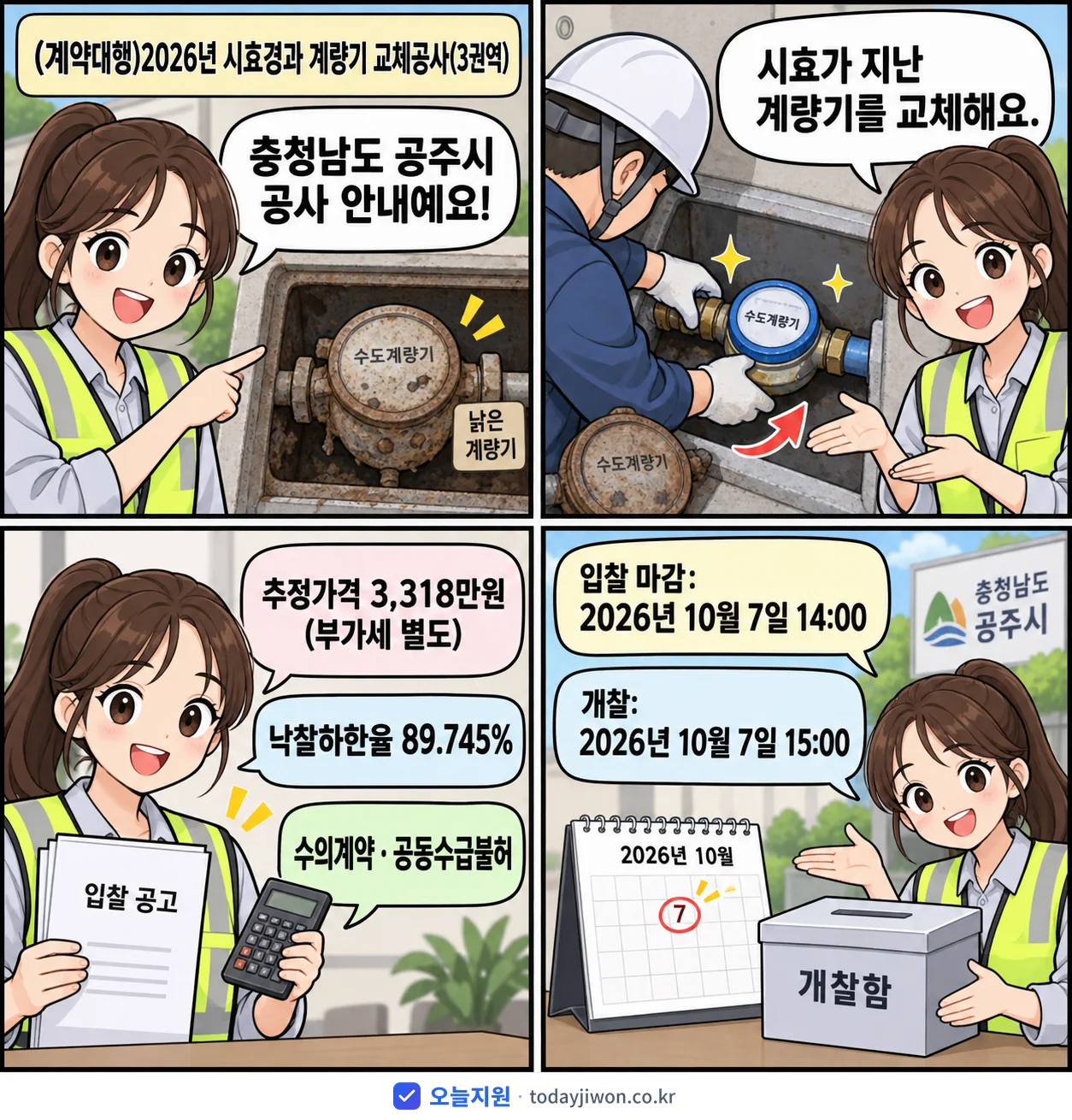 4컷 만화로 보는 공고: 충청남도 공주시 '(계약대행)2026년 시효경과 계량기 교체공사(3권역)', 추정가격 3,318만원, 입찰 마감 10/7 14:00