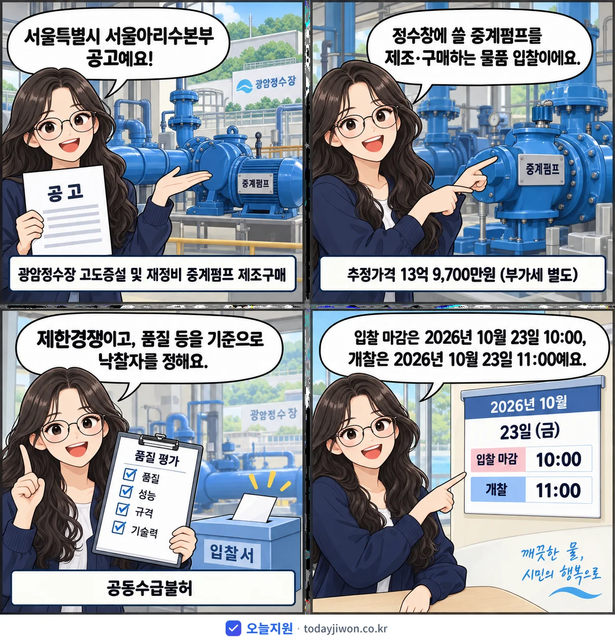 4컷 만화로 보는 공고: 서울특별시 서울아리수본부 '광암정수장 고도증설 및 재정비 중계펌프 제조구매', 추정가격 13억 9,700만원, 입찰 마감 10/23 10:00