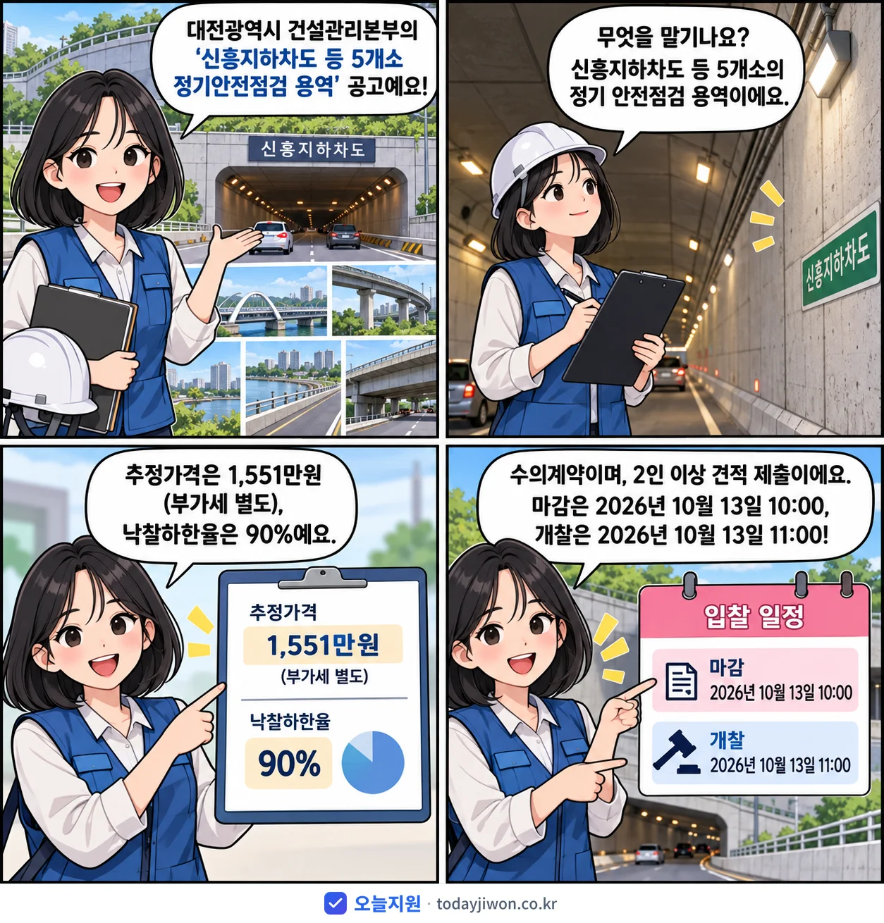4컷 만화로 보는 공고: 대전광역시 건설관리본부 '신흥지하차도 등 5개소 정기안전점검 용역', 추정가격 1,551만원, 입찰 마감 10/13 10:00