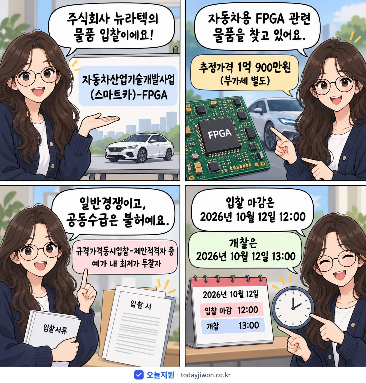 4컷 만화로 보는 공고: 주식회사 뉴라텍 '자동차산업기술개발사업(스마트카)-FPGA', 추정가격 1억 900만원, 입찰 마감 10/12 12:00