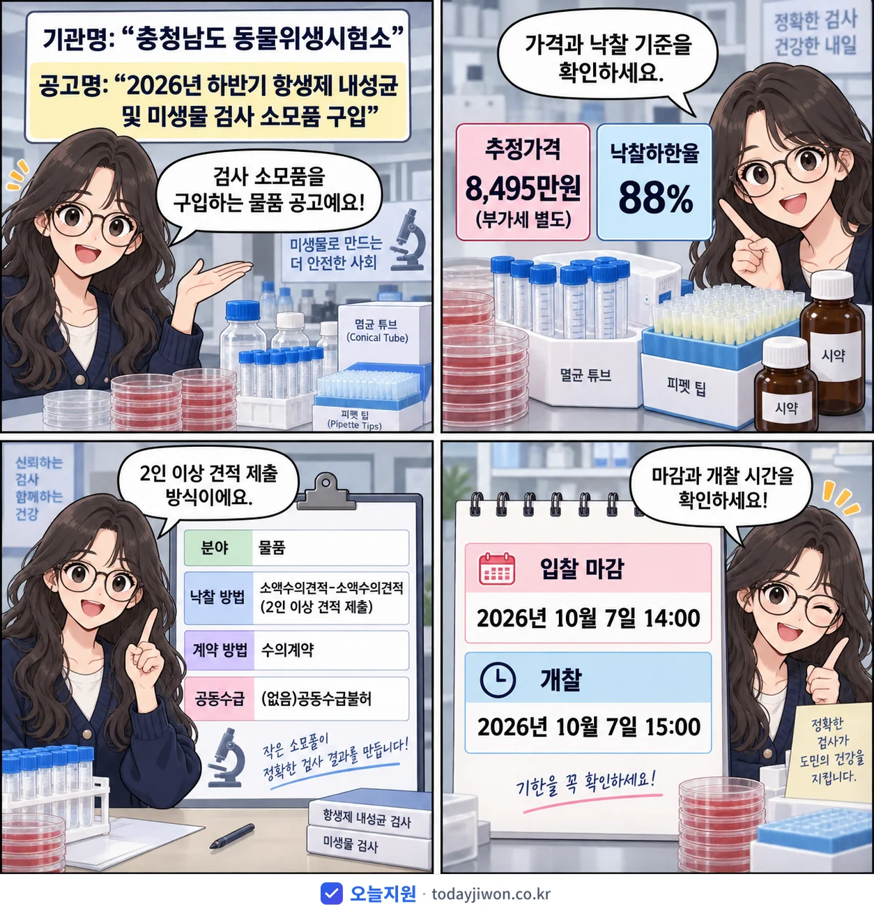 4컷 만화로 보는 공고: 충청남도 동물위생시험소 '하반기 항생제 내성균 및 미생물 검사 소모품 구입', 추정가격 8,495만원, 입찰 마감 10/7 14:00