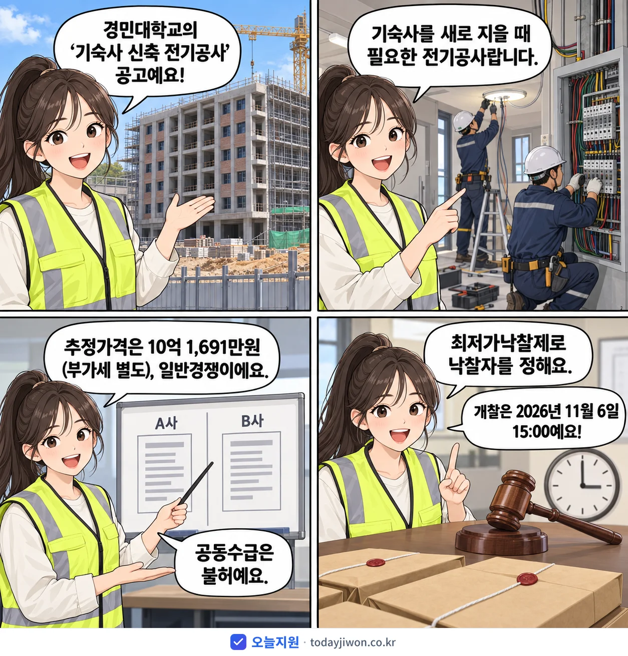 4컷 만화로 보는 공고: 경민대학교 '기숙사 신축 전기공사', 추정가격 10억 1,691만원