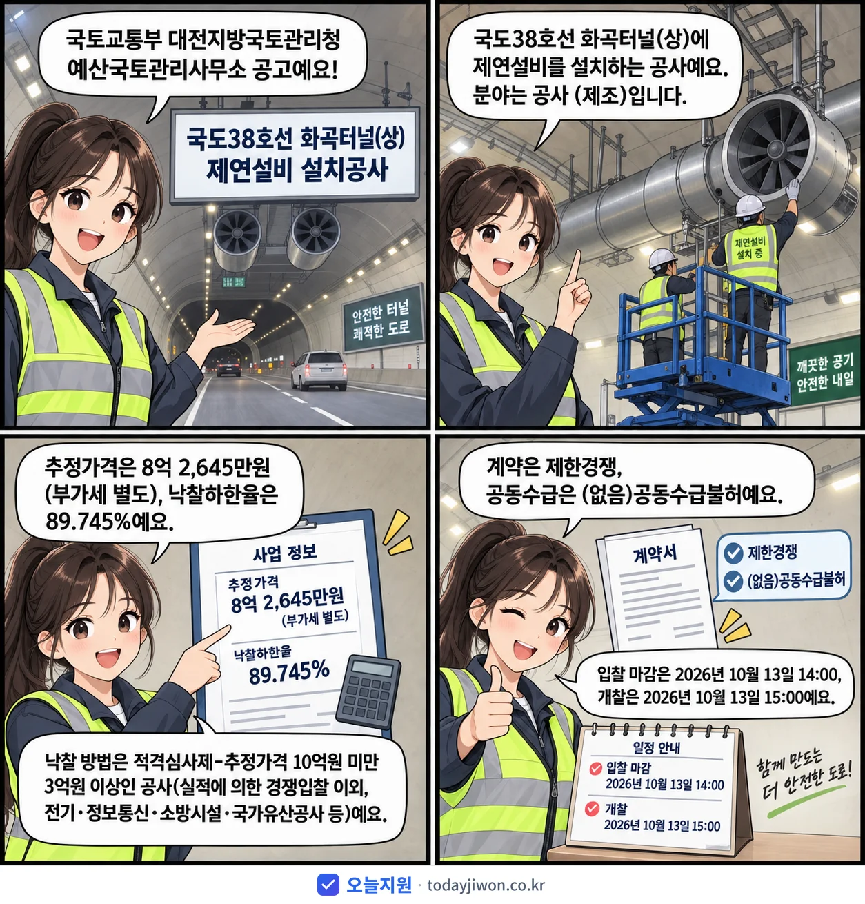4컷 만화로 보는 공고: 국토교통부 대전지방국토관리청 예산국토관리사무소 '국도38호선 화곡터널(상) 제연설비 설치공사', 추정가격 8억 2,645만원, 입찰 마감 10/13 14:00