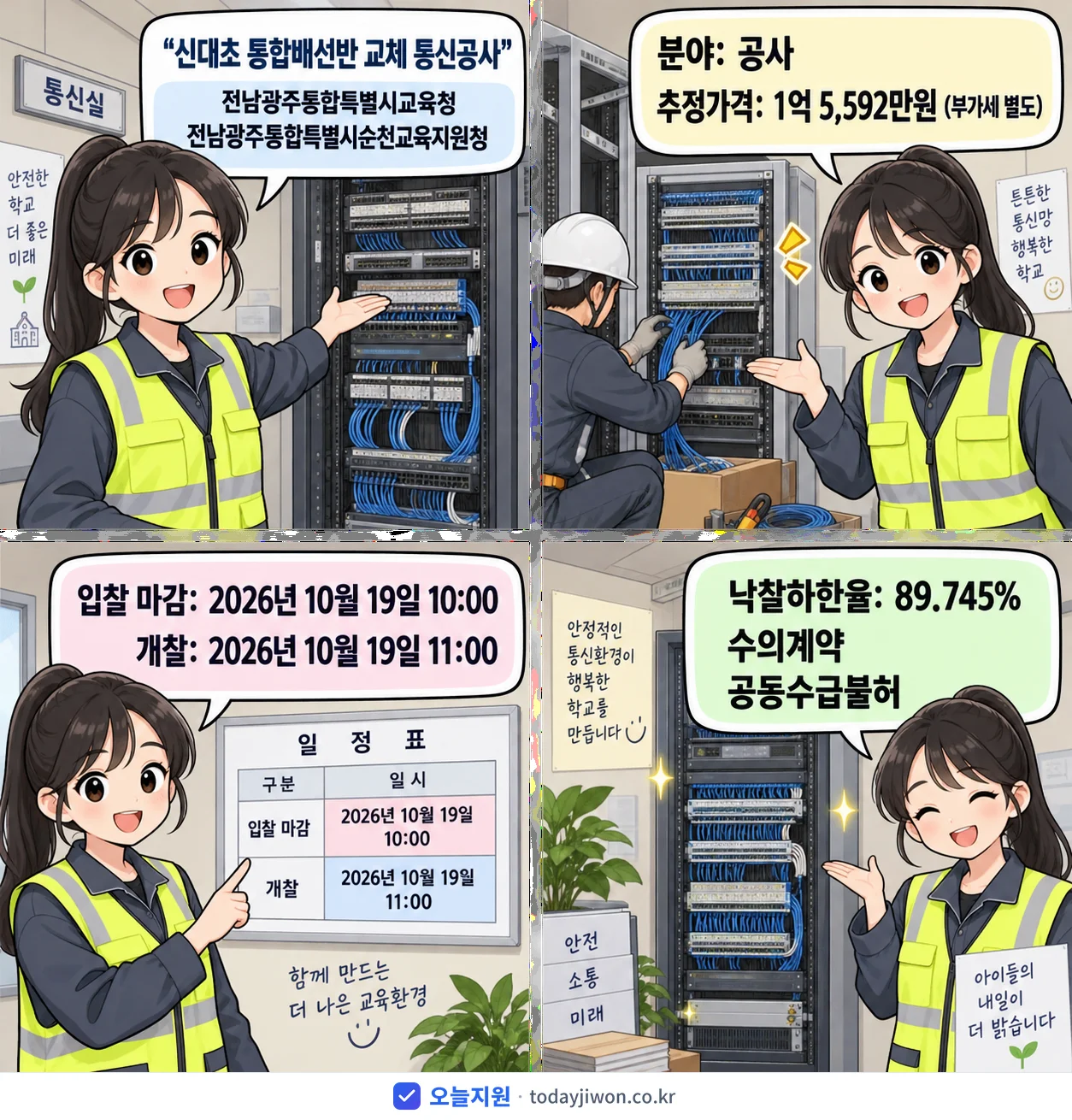 4컷 만화로 보는 공고: 전남광주통합특별시교육청 전남광주통합특별시순천교육지원청 '신대초 통합배선반 교체 통신공사', 추정가격 1억 5,592만원, 입찰 마감 10/19 10:00