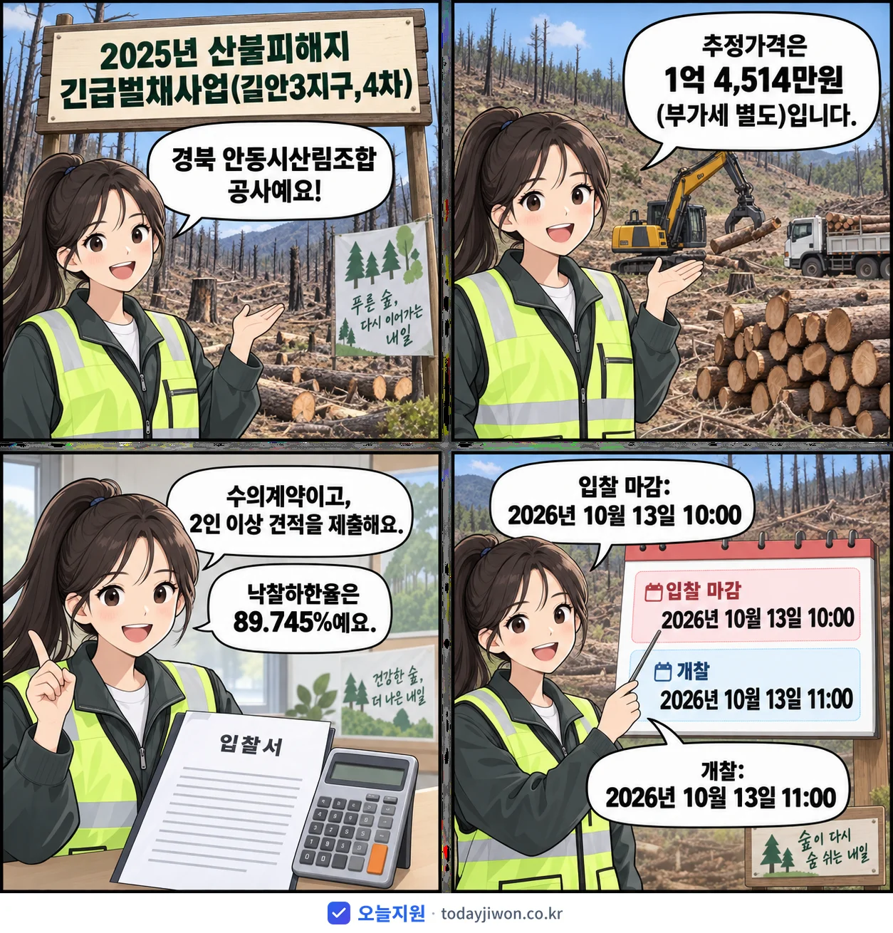 4컷 만화로 보는 공고: 경북 안동시산림조합 '산불피해지 긴급벌채사업(길안3지구,4차)', 추정가격 1억 4,514만원, 입찰 마감 10/13 10:00