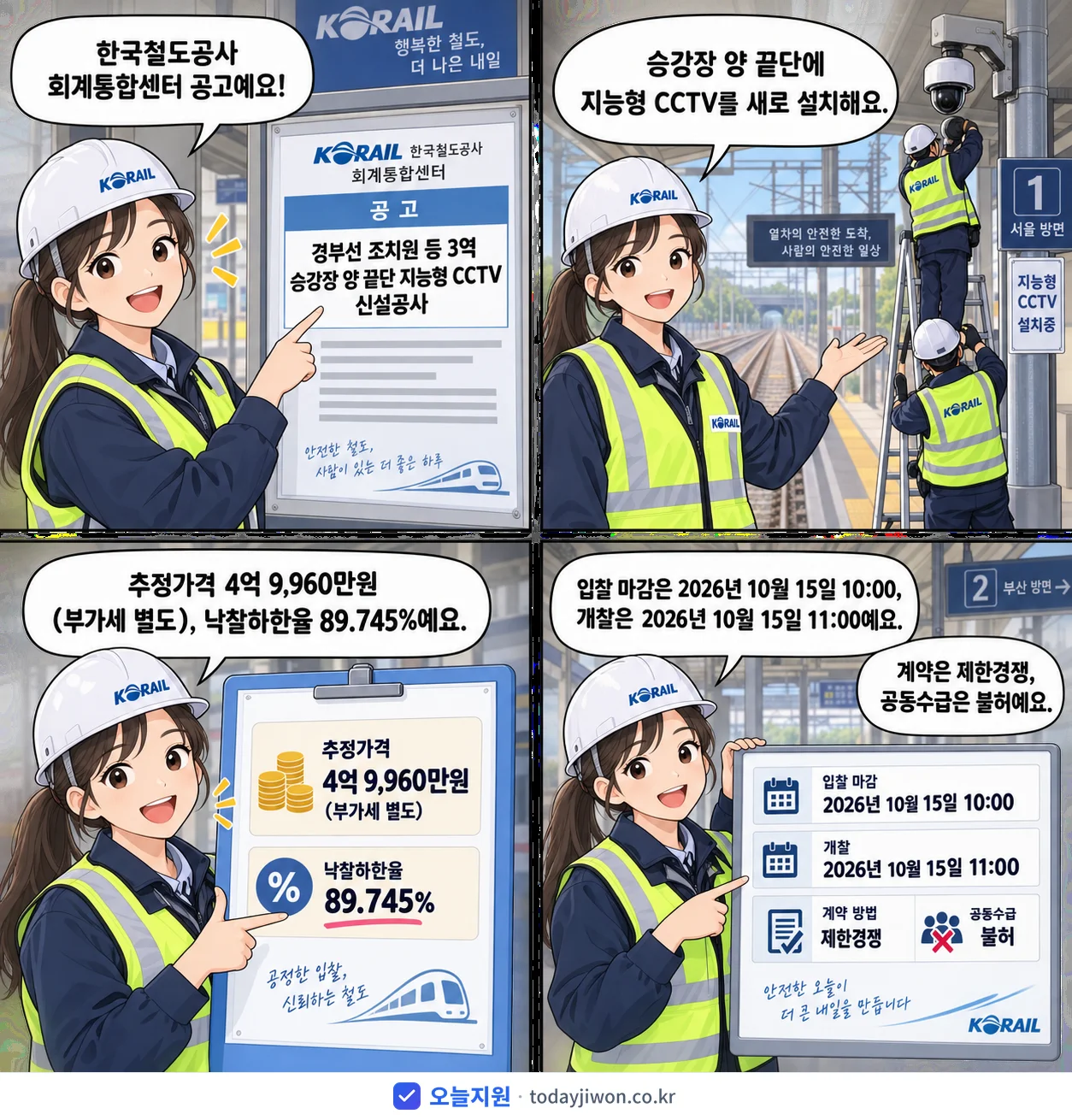 4컷 만화로 보는 공고: 한국철도공사 회계통합센터 '경부선 조치원 등 3역 승강장 양 끝단 지능형 CCTV 신설공사', 추정가격 4억 9,960만원, 입찰 마감 10/15 10:00