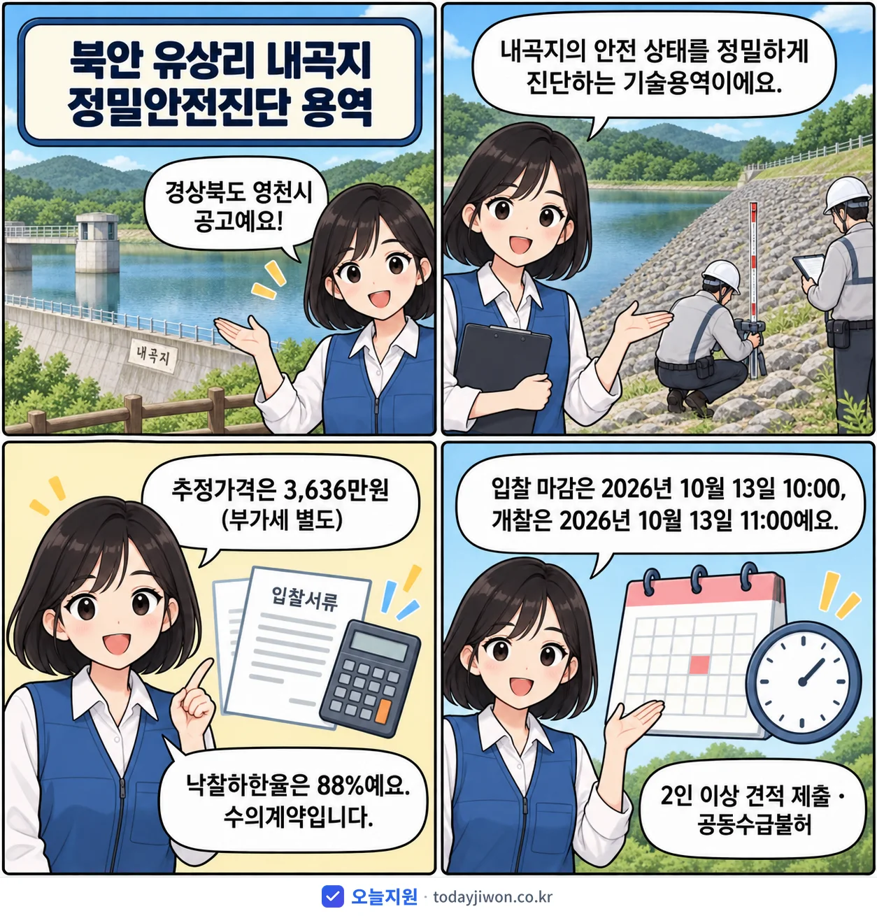 4컷 만화로 보는 공고: 경상북도 영천시 '북안 유상리 내곡지 정밀안전진단 용역', 추정가격 3,636만원, 입찰 마감 10/13 10:00