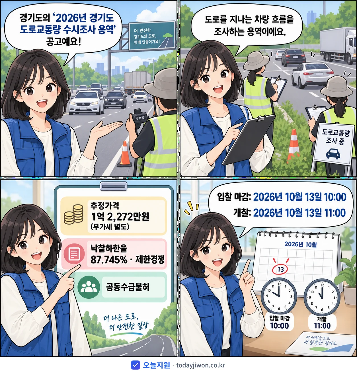 4컷 만화로 보는 공고: 경기도 '경기도 도로교통량 수시조사 용역', 추정가격 1억 2,272만원, 입찰 마감 10/13 10:00