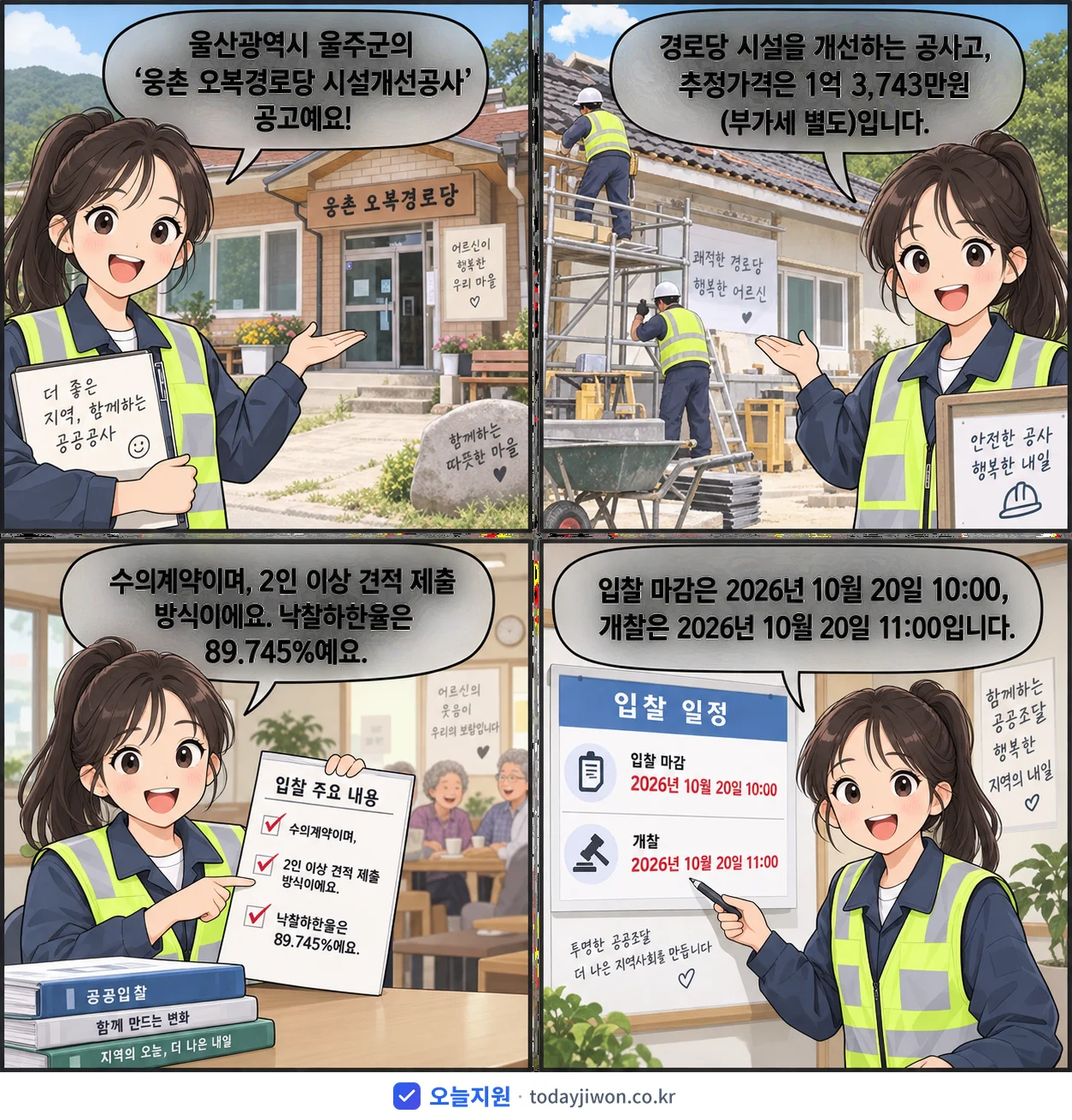 4컷 만화로 보는 공고: 울산광역시 울주군 '웅촌 오복경로당 시설개선공사', 추정가격 1억 3,743만원, 입찰 마감 10/20 10:00
