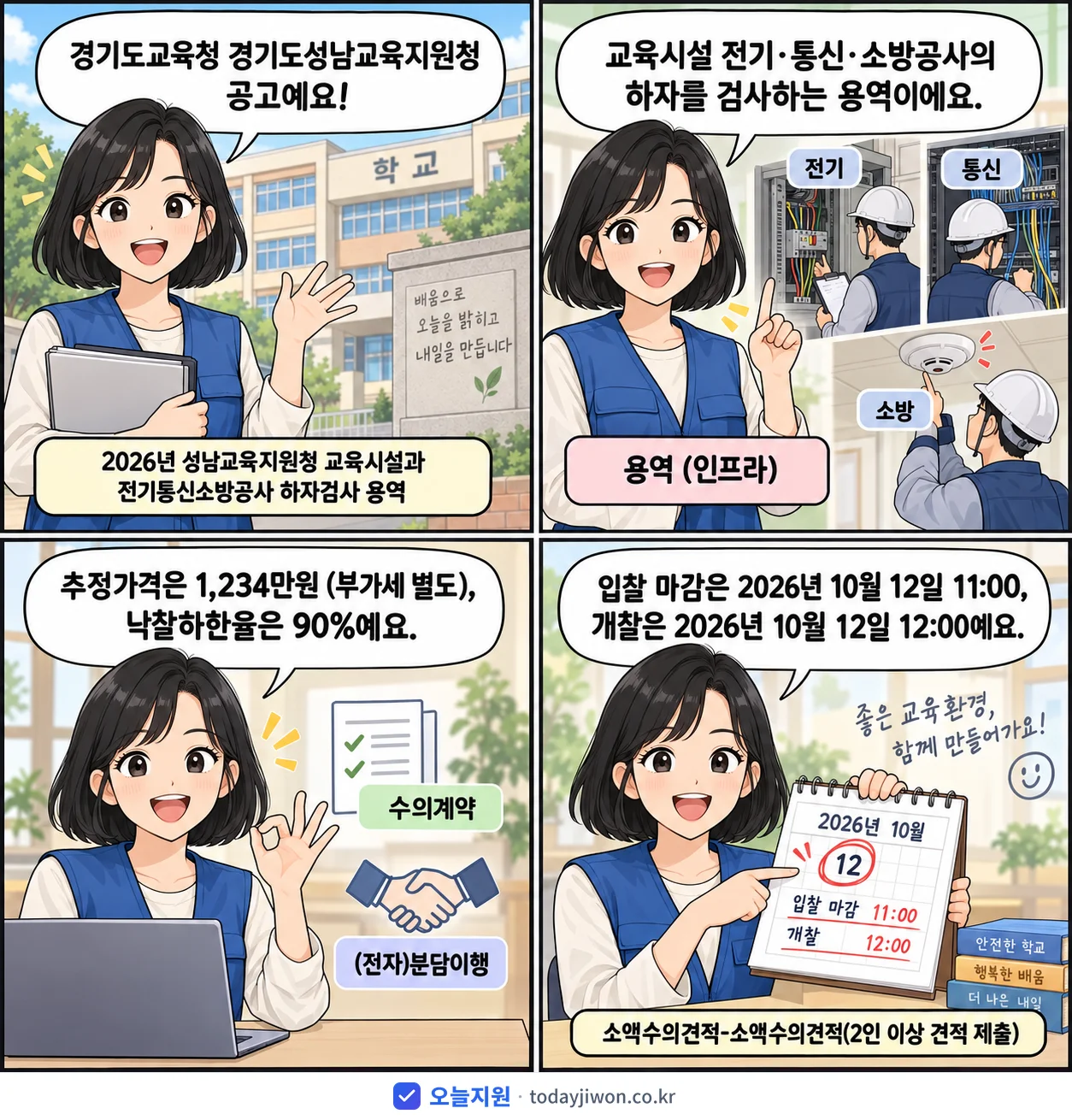 4컷 만화로 보는 공고: 경기도교육청 경기도성남교육지원청 '성남교육지원청 교육시설과 전기통신소방공사 하자검사 용역', 추정가격 1,234만원, 입찰 마감 10/12 11:00
