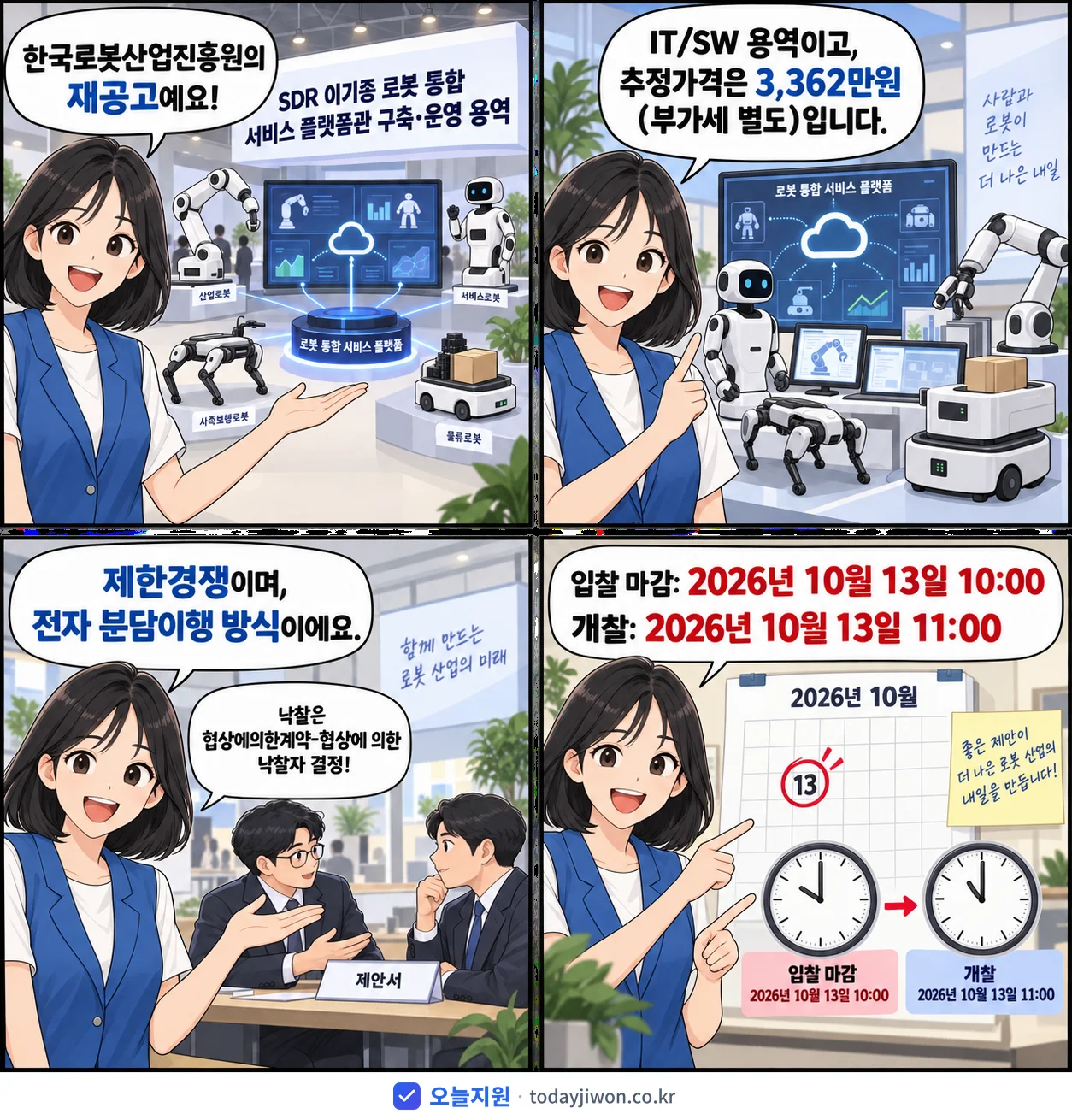 4컷 만화로 보는 공고: 한국로봇산업진흥원 'SDR 이기종 로봇 통합 서비스 플랫폼관 구축·운영 용역', 추정가격 3,362만원, 입찰 마감 10/13 10:00