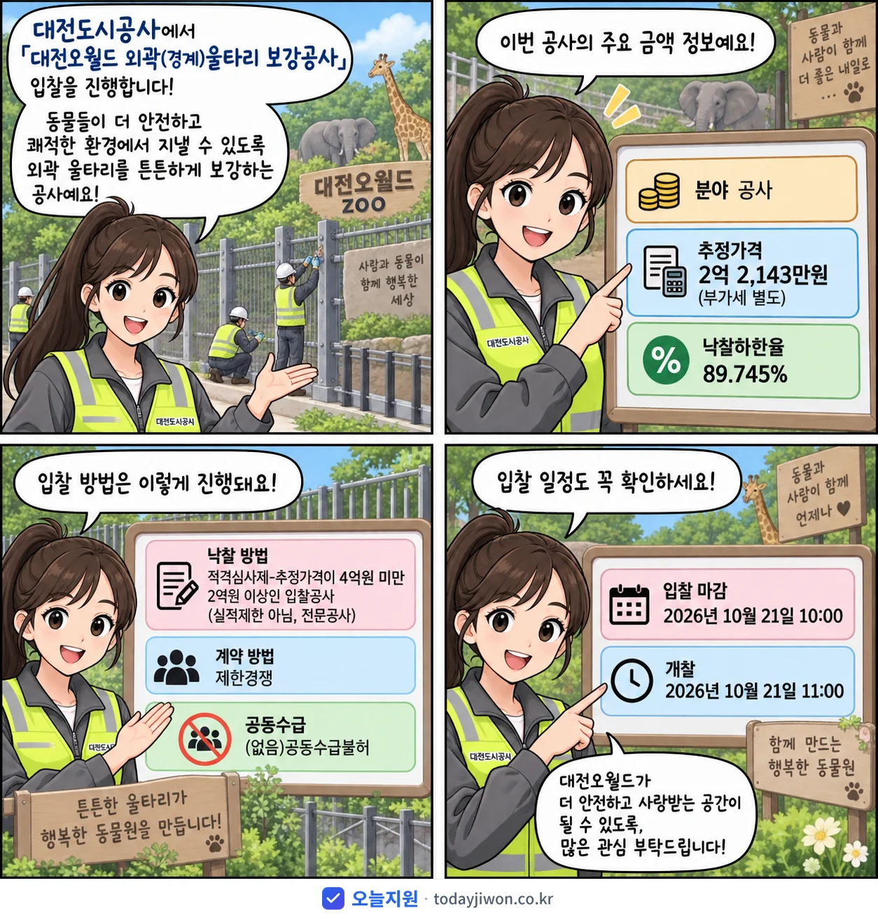 4컷 만화로 보는 공고: 대전도시공사 '대전오월드 외곽(경계)울타리 보강공사', 추정가격 2억 2,143만원, 입찰 마감 10/21 10:00