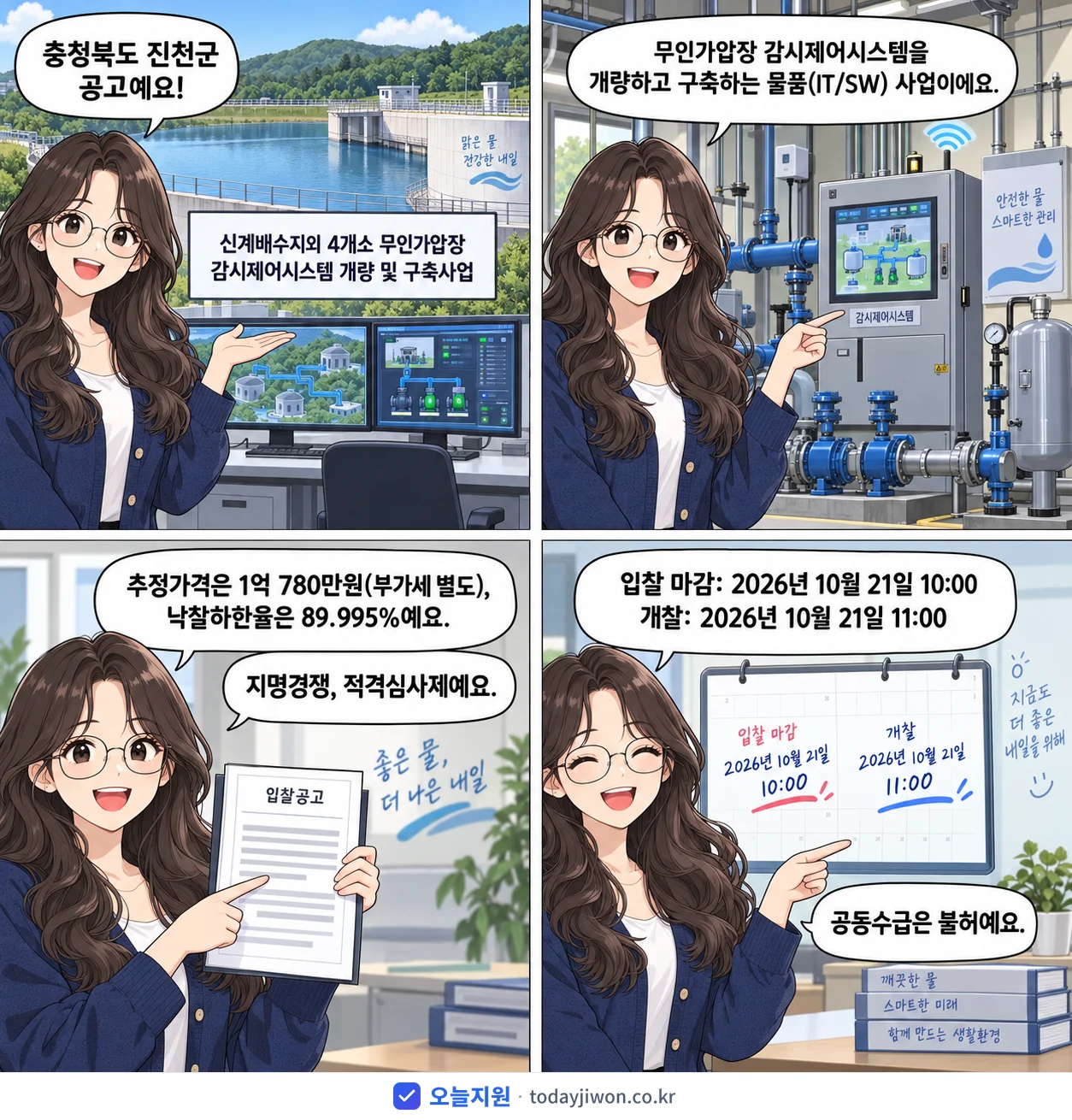4컷 만화로 보는 공고: 충청북도 진천군 '신계배수지외 4개소 무인가압장 감시제어시스템 개량 및 구축사업', 추정가격 1억 780만원, 입찰 마감 10/21 10:00