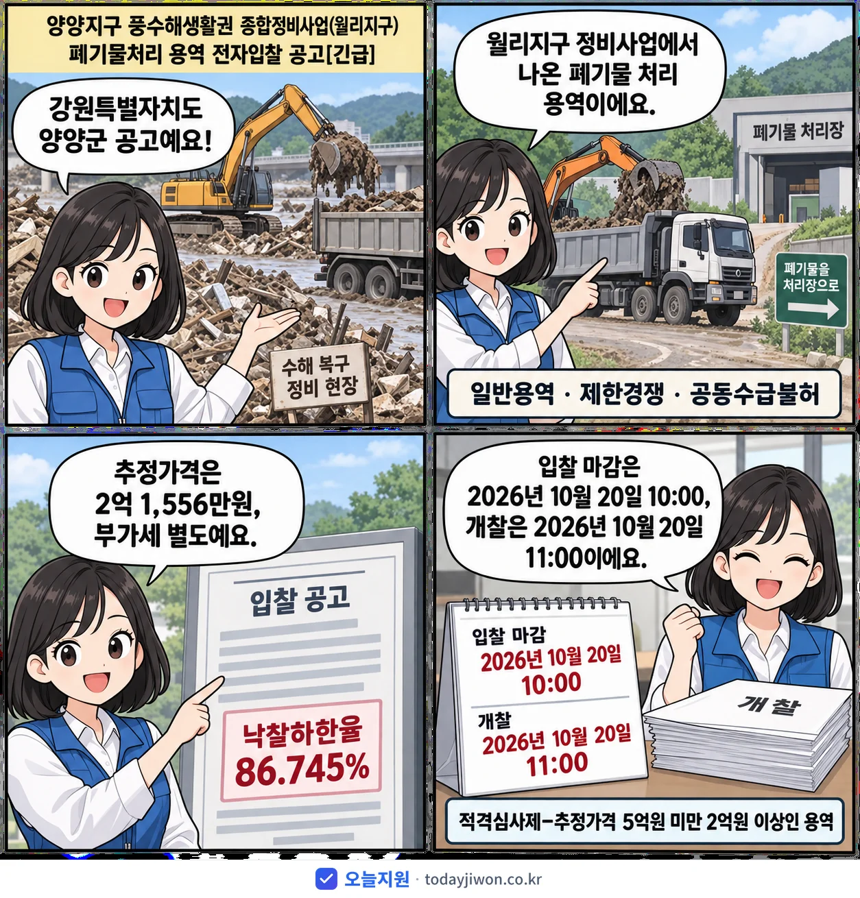 4컷 만화로 보는 공고: 강원특별자치도 양양군 '양양지구 풍수해생활권 종합정비사업(월리지구) 폐기물처리 용역 전자입찰…', 추정가격 2억 1,556만원, 입찰 마감 10/20 10:00