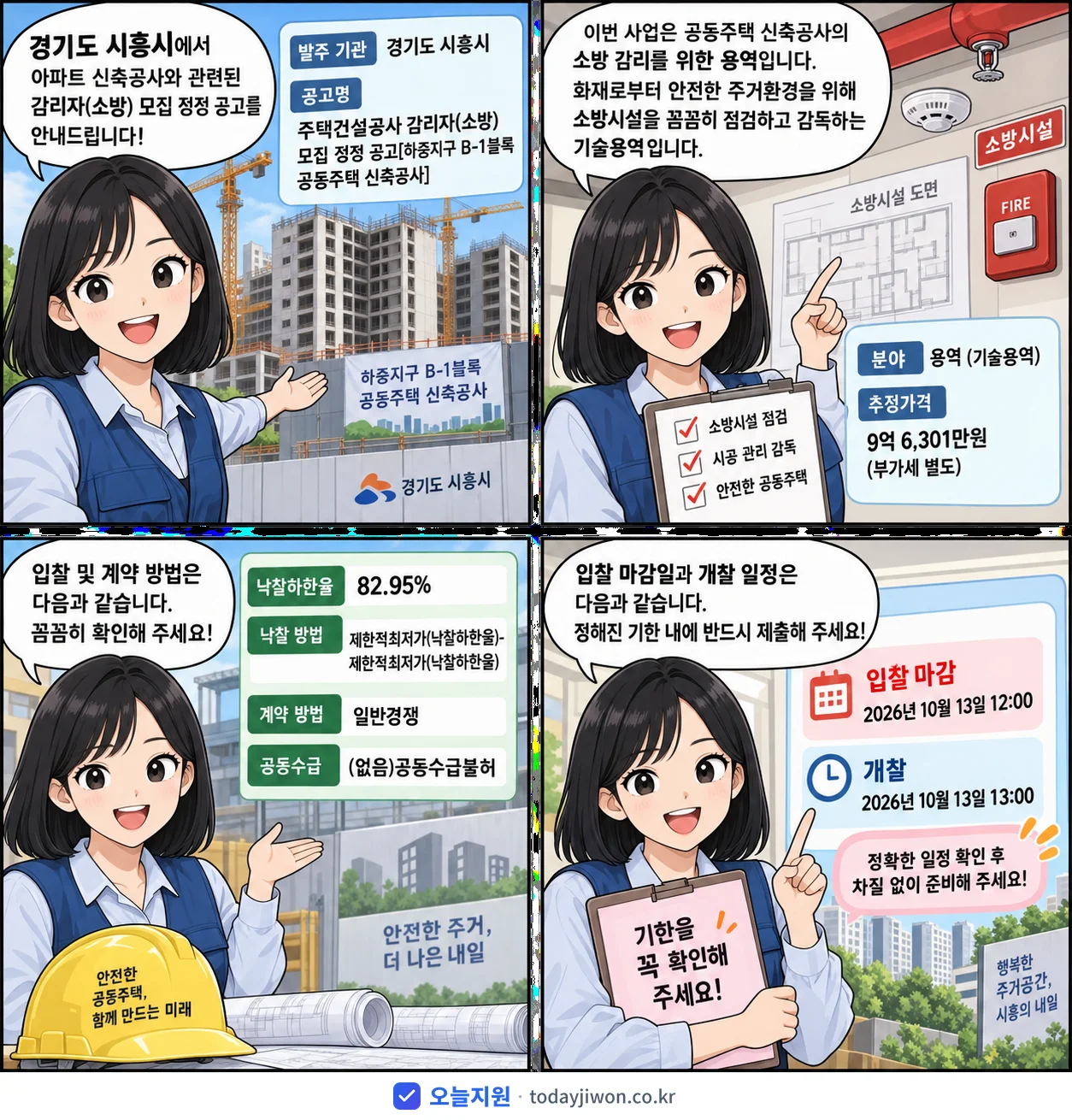 4컷 만화로 보는 공고: 경기도 시흥시 '주택건설공사 감리자(소방) 모집 정정 공고[하중지구 B-1블록 공동주택…', 추정가격 9억 6,301만원, 입찰 마감 10/13 12:00